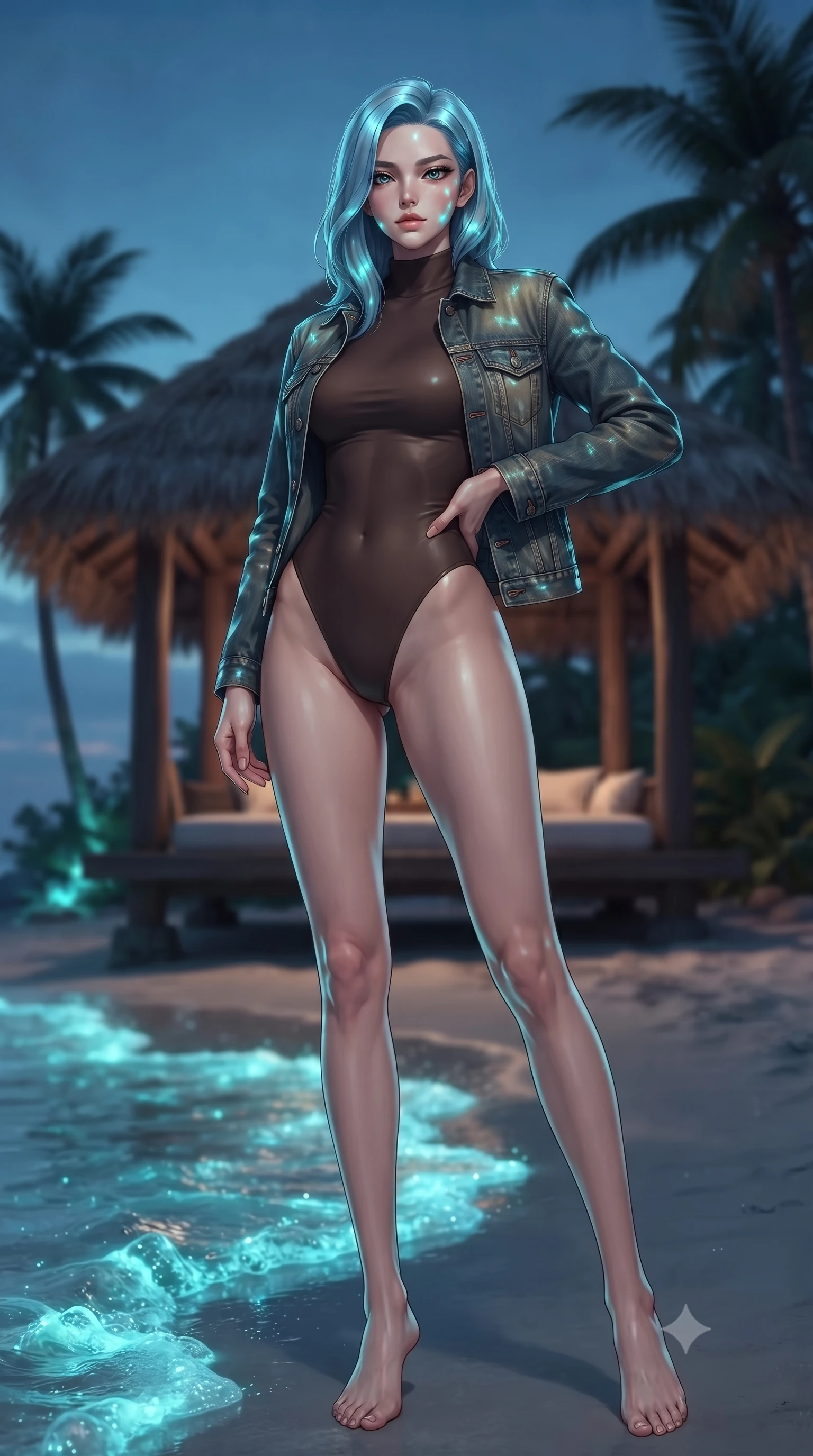 score_9, masterpiece, best quality, ultra-detailed, high-budget anime keyframe, editorial fashion photography, tasteful artistic composition, Korean woman. low angle full-body shot from head to toe showing her feet, filling the entire 9:16 vertical frame with her statuesque presence, stretching her vertical silhouette. posing confidently with one hand on her hip, stretching her statuesque body to emphasize her curves the background shows a soft-focus a secluded coastal cabana surrounded by palm trees and bioluminescent sea foam. She has an absolutely perfect, statuesque 8.5-heads proportion, an exceptionally tall and slender model-like female figure with impossibly long slender legs and an ultra-slim waist. sharp v-shaped jawline, high-bridge nose, intricate jewel-like eyes with depth, thick eyelashes, glossy lips with a natural sheen. wearing a body-hugging form-contouring high-neck bodysuit in dark brown, worn under a tailored open denim jacket. shifting turquoise light reflections from the water surface mapping across her features. ultra-reflective glossy finish, specular highlights, metallic sheen, high-contrast stereoscopic depth, volumetric dynamic lighting, 2k, ultra detail, master piece, 9:16 ratio