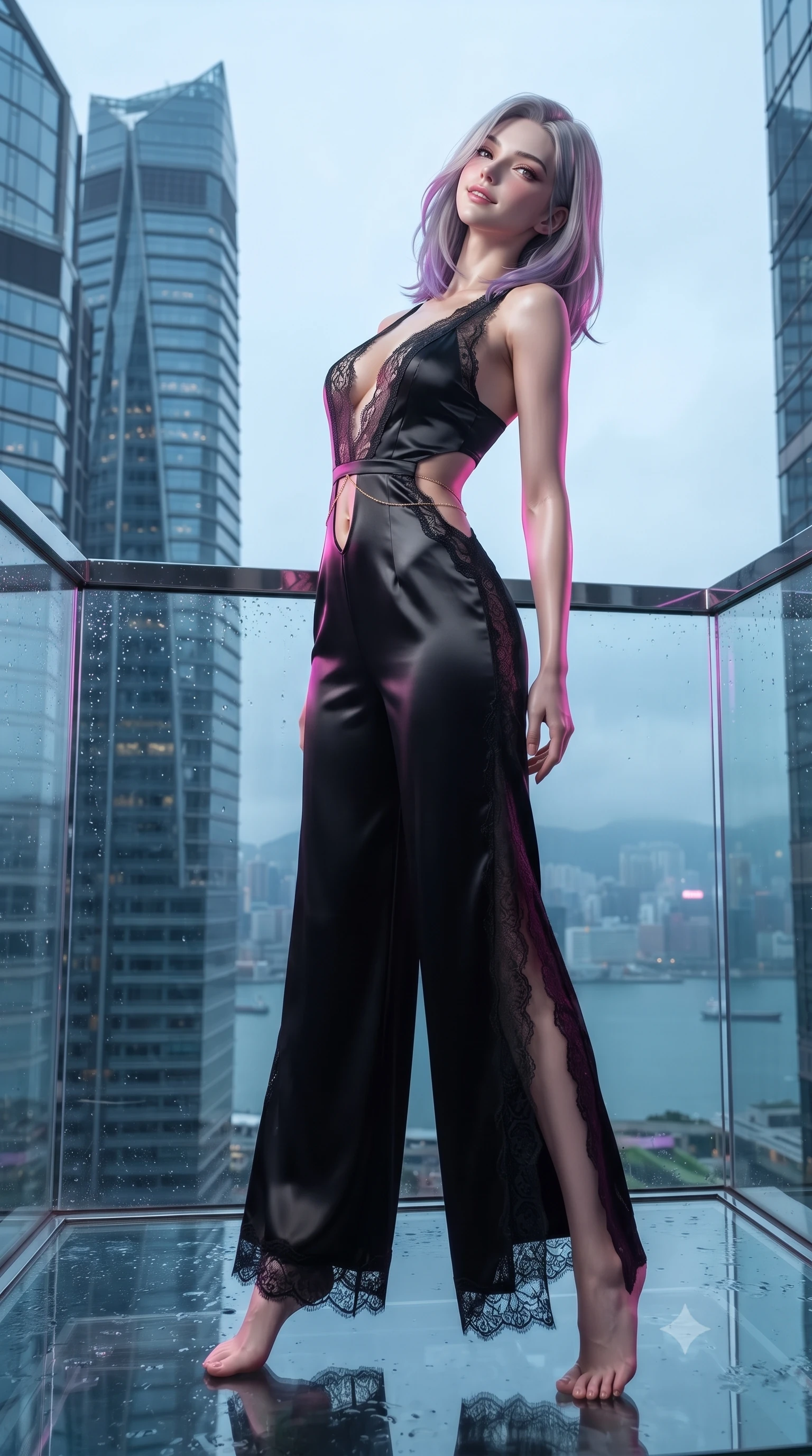 score_9, masterpiece, best quality, ultra-detailed, high-budget anime keyframe, editorial fashion photography, tasteful artistic composition, Caucasian woman. low angle full-body shot from head to toe showing her feet, filling the entire 9:16 vertical frame with her statuesque presence, stretching her vertical silhouette. sitting poised on the stone steps with one knee bent, arching her spine with supermodel elegance as she glances upward through thick eyelashes while standing tall on the suspended acrylic balcony ninety stories above Victoria Harbour, arching her back with sovereign cyberpunk power. The surrounding environment is rendered in vivid detail and crisp panoramic clarity: detailed second-skin vinyl catsuit cling, chrome buckle shine, and futuristic Hong Kong skyscraper engineering in razor-sharp precision. She has an absolutely perfect, statuesque 8.5-heads proportion, an exceptionally tall and slender model-like female figure with impossibly long slender legs, an ultra-slim waist, a flat toned midriff, narrow delicate ribcage, and beautifully sculpted feminine hips creating a graceful, slim hourglass silhouette without any bulky heaviness. sharp v-shaped jawline, high-bridge nose, sparkling eyes with hypnotic seductive depth, thick curled eyelashes, glossy parted lips with a natural dewy peach sheen, alluring bedroom-eyes with an enchanting coquettish smile, exuding magnetic siren charisma and sophisticated glamour, flawlessly proportioned anatomical accuracy, strict slender model proportions, natural body alignment, perfectly sculpted long slender limbs, ultra-slim waistline, clean dynamic posture without body distortion. wearing a backless plunge-front silk satin jumpsuit with fluid wide-leg silhouette and side hip cutouts in wet-look onyx black with electric magenta reflections, made of delicate semi-sheer French Chantilly lace with intricate eyelash edges, accented with a dainty gold belly chain resting across her flat midriff and curving hips, the high-slit wrap tailoring accentuating her ultra-slim waistline and the enchanting curve of her feminine hips with alluring seductive charm. illuminated by wet terrace specular reflections and sharp emerald-magenta rim lights sculpting her razor-sharp jawline, narrow waist, and curvy hips. ultra-reflective glossy finish, specular highlights, rich textural contrasts, high-contrast stereoscopic depth, volumetric dynamic lighting, 2k, ultra detail, master piece, 9:16 ratio