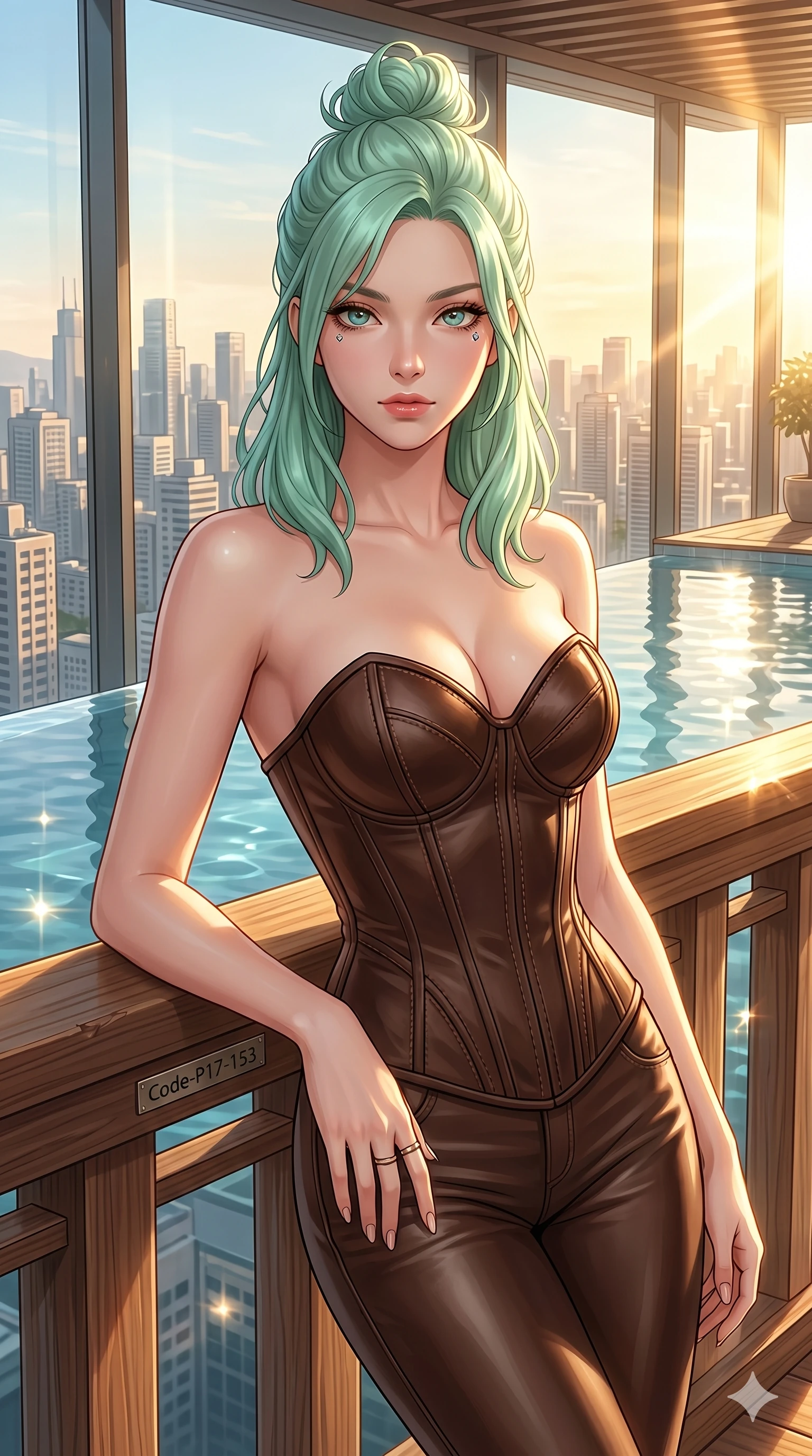 score_9, masterpiece, best quality, ultra-detailed, high-budget anime keyframe, editorial fashion photography, tasteful artistic composition, Japanese woman. cowboy shot from the thighs up, character and outfit filling the frame for maximum editorial presence. resting one hand on the wooden railing, casting a bedroom-eyes gaze directly at the camera in a penthouse spa overlooking city skyline (Code-P17-153). She has an absolutely perfect 8-heads proportion, an exceptionally tall and slender female figure with impossibly long slender legs and an ultra-slim waist. V-shaped jawline, high-bridge nose, intricate jewel-like eyes with depth, thick eyelashes, glossy lips with a natural sheen. wearing a leather corset with a sweetheart neckline showing her cleavage. drenched in brilliant afternoon sunshine, casting warm rays that trace her athletic build. 2k, ultra detail, master piece, 9:16 ratio