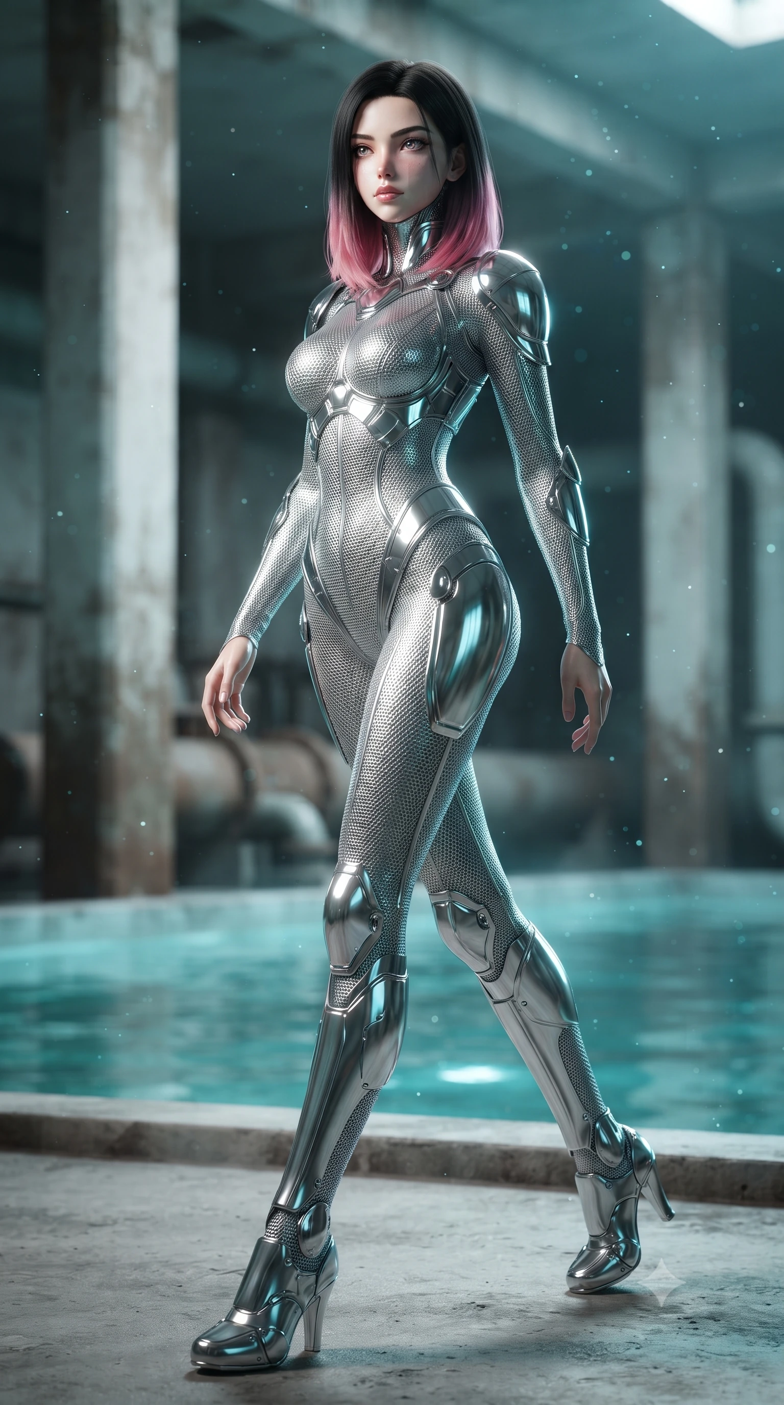 score_9, masterpiece, best quality, ultra-detailed, high-budget anime keyframe, editorial fashion photography, tasteful artistic composition, Korean woman. low angle full-body shot from head to toe showing her feet, filling the entire 9:16 vertical frame with her statuesque presence, stretching her vertical silhouette. stepping gracefully through floating stardust particles, her body-contouring suit showing her athletic, slender silhouette, the background shows a soft-focus a water pump room with concrete pillars and a large open cooling pool. She has an absolutely perfect, statuesque 8.5-heads proportion, an exceptionally tall and slender model-like female figure with impossibly long slender legs and an ultra-slim waist. sharp v-shaped jawline, high-bridge nose, intricate jewel-like eyes with depth, thick eyelashes, glossy lips with a natural sheen. wearing a form-contouring delicate silver nano-mesh bodysuit with strategically placed chrome armor plate guards covering key curves. shifting aqua light reflections from the pool water mapping across her features. ultra-reflective glossy finish, specular highlights, metallic sheen, high-contrast stereoscopic depth, volumetric dynamic lighting, 2k, ultra detail, master piece, 9:16 ratio
