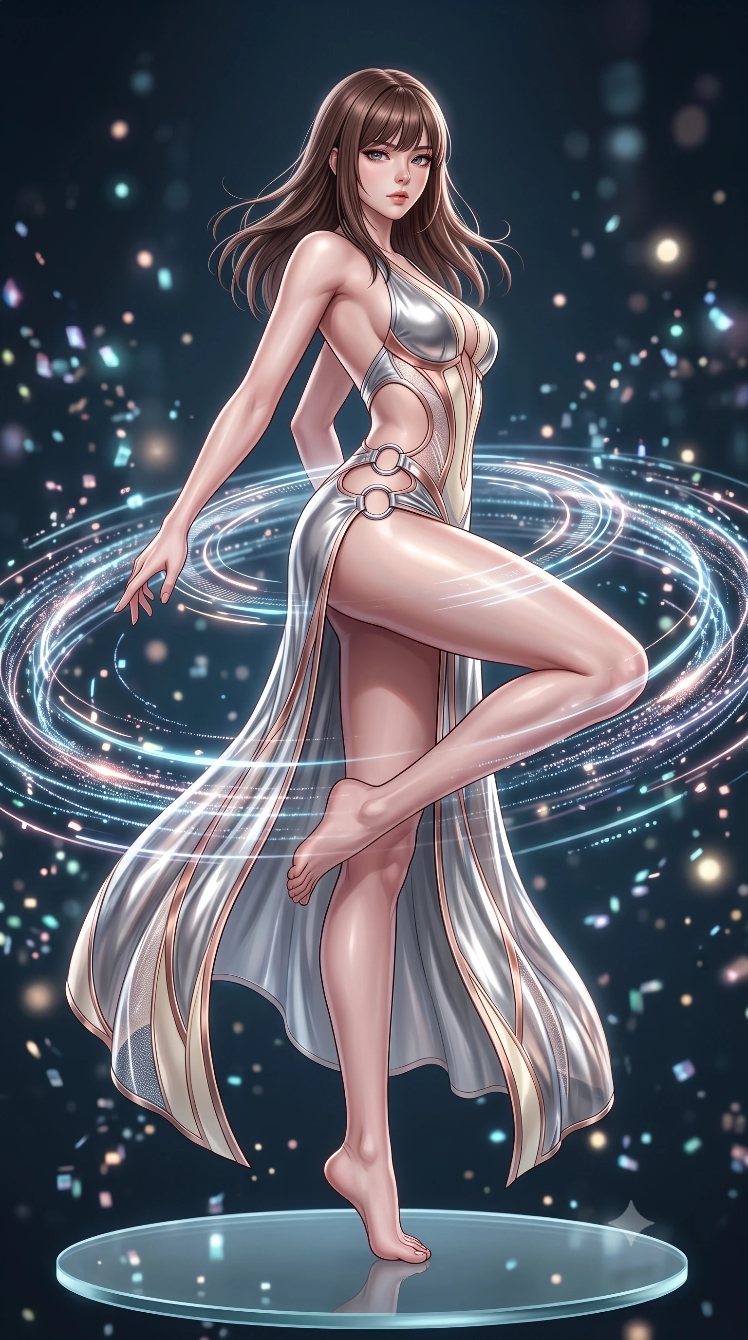 score_9, masterpiece, best quality, ultra-detailed, high-budget anime keyframe, editorial fashion photography, tasteful artistic composition, Korean woman. low angle full-body shot from head to toe showing her feet, filling the entire 9:16 vertical frame with her statuesque presence, stretching her vertical silhouette. pivoting dynamically in mid-motion with a breathtakingly alluring posture, displaying her flawless model proportions, toned flat midriff, and ultra-slim waist while pivoting dynamically on a circular glass platform as pulsing quantum data streams create swirling holographic rings around her waist. The composition keeps background elements in soft focus with creamy bokeh. sparkling holographic data bits scattering soft glowing light motes across a deep tech backdrop. She has an absolutely perfect, statuesque 8.5-heads proportion, an exceptionally tall and slender model-like female figure with impossibly long slender legs, a toned flat midriff, and an ultra-slim waist. sharp v-shaped jawline, high-bridge nose, intricate jewel-like eyes with depth, thick eyelashes, glossy lips with a natural sheen, flawlessly proportioned anatomical accuracy, strict slender model proportions, natural body alignment, perfectly sculpted long slender limbs, ultra-slim waistline, clean dynamic posture without body distortion. wearing a backless molten silver liquid-metal gown with a high-cut side slit and precision-fitted waist boning in sculpted rose gold and luminescent champagne ivory, tailored from semi-translucent cybernetic vinyl with glowing micro-filaments, detailed with polished silver rings connecting the daring side-waist cutouts, the liquid-tight tailored fabric emphasizing every curve of her tall, slender model proportions and sculptured silhouette during dynamic movement. surrounded by an omniscient, divine, and radiantly transcendent digital muse aura. ultra-reflective glossy finish, specular highlights, dark metallic sheen, high-contrast stereoscopic depth, volumetric dynamic lighting, 2k, ultra detail, master piece, 9:16 ratio