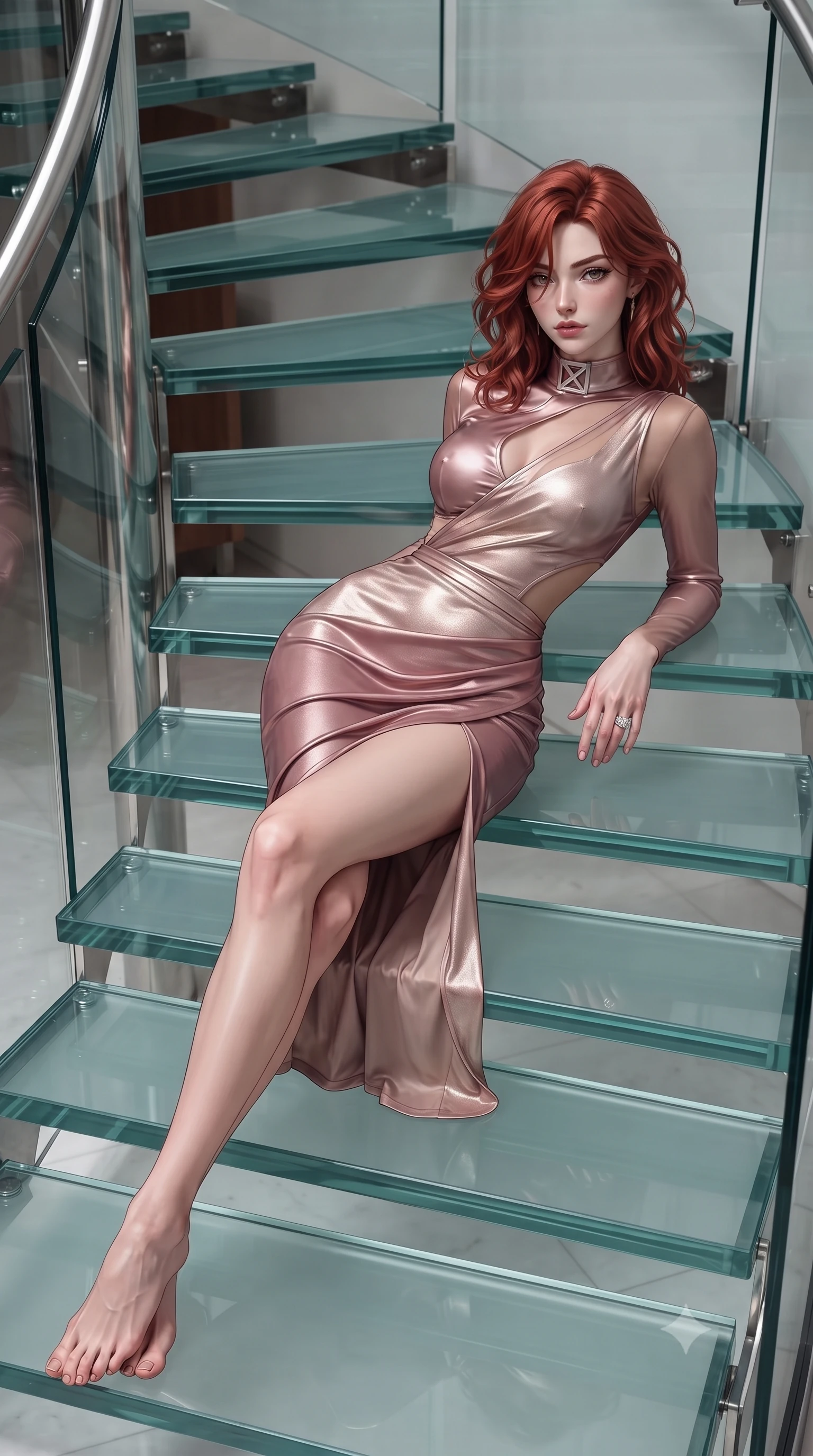score_9, masterpiece, best quality, ultra-detailed, high-budget anime keyframe, editorial fashion photography, tasteful artistic composition, Korean woman. low angle full-body shot from head to toe showing her feet, filling the entire 9:16 vertical frame with her statuesque presence, stretching her vertical silhouette. reclining on her side in an elegant Cleopatra pose with one knee drawn up, the dramatic contour of her rounded hips and long slender legs commanding the 9:16 vertical frame while posing on the floating steps of a sculptural glass spiral staircase, arching her lower back to emphasize her curvy hips and long legs. The surrounding environment is rendered in vivid detail and crisp panoramic clarity. detailed haute couture dress seam lines, leather upholstery grain, and designer hardware in high clarity. She has an exceptionally tall and slender model-like 8.5-heads proportion, an ultra-slim waist, a flat toned midriff, narrow delicate ribcage, and beautifully sculpted feminine hips creating a graceful, slim hourglass silhouette without any bulky heaviness, with impossibly long slender legs. sharp v-shaped jawline, high-bridge nose, intricate jewel-like eyes with depth, thick eyelashes, glossy parted lips with a natural sheen, intensely captivating and seductive bedroom-eyes expression, flawlessly proportioned anatomical accuracy, strict slender model proportions, natural body alignment, perfectly sculpted long slender limbs, ultra-slim waistline, clean dynamic posture without body distortion. wearing a wet-look silk fusion wrap dress with asymmetrical sheer mesh cutouts and high Mandarin collar in dusky blush rose and champagne shimmer, tailored from liquid silk jersey adhering flawlessly to her slender build, complemented by a bold geometric choker and sparkling cocktail ring, the glove-like aerodynamic silhouette tightly following the natural contour of her hips and long slender legs with statuesque 8.5-heads elegance. illuminated by sharp linear specular reflections sculpting her sculpted collarbones, flat midriff, and rounded hips. ultra-reflective glossy finish, specular highlights, rich textural contrasts, high-contrast stereoscopic depth, volumetric dynamic lighting, 2k, ultra detail, master piece, 9:16 ratio