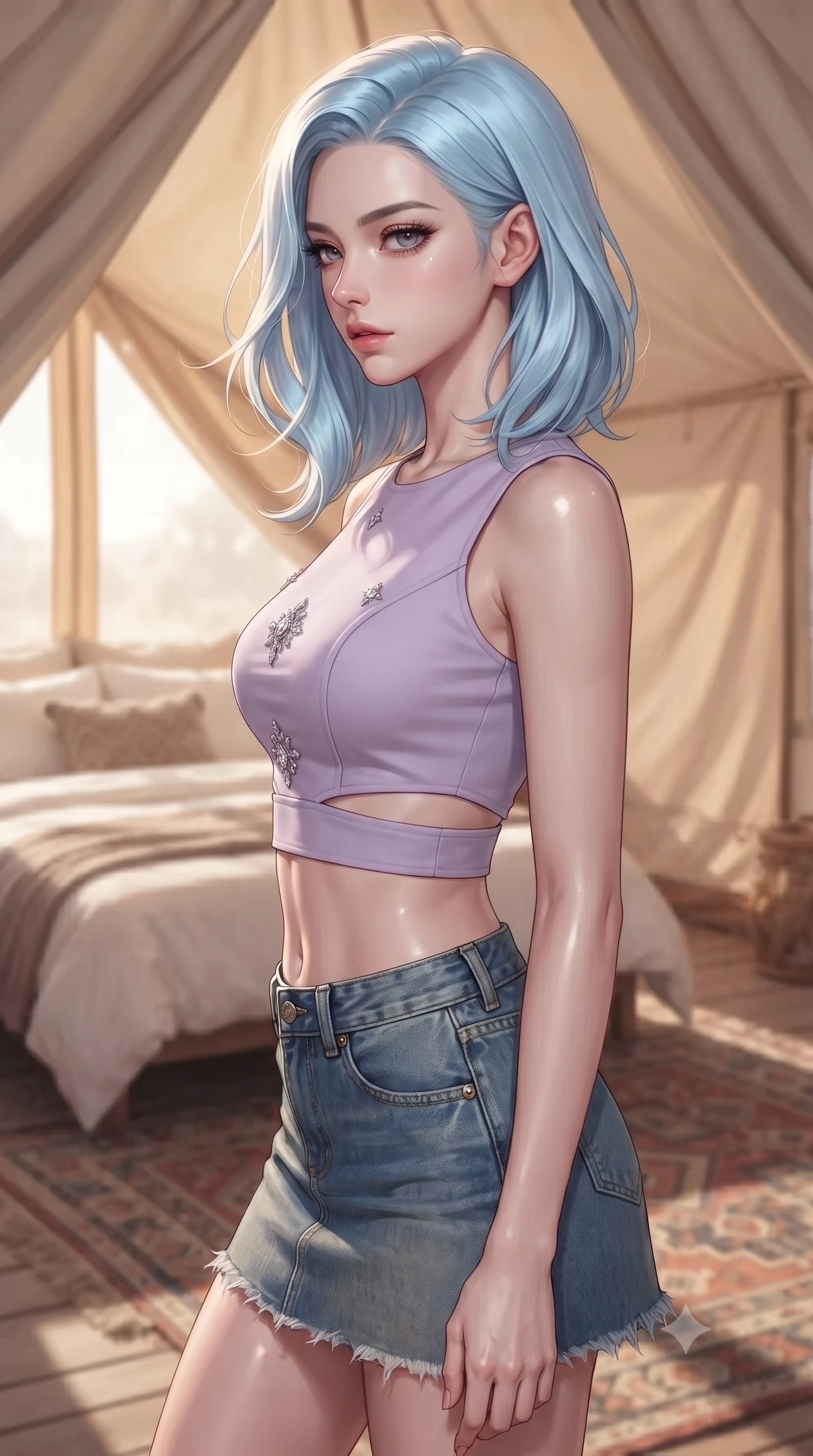 score_9, masterpiece, best quality, ultra-detailed, high-budget anime keyframe, editorial fashion photography, tasteful artistic composition, Korean woman. close-up cowboy shot from the waist and thighs up, the character dominates the composition, filling the frame with her large presence, background elements kept in soft focus. turning her face in sharp profile, casting a cold, mysterious, yet intensely alluring side gaze, the background shows a soft-focus the interior of a glamping tent with a plush bed, bohemian carpets, and canvas walls. She has an exceptionally elegant, slender, and willowy female figure with an ultra-slim waist, a gracefully sculpted slender torso, and a refined silhouette. sharp v-shaped jawline, high-bridge nose, intricate jewel-like eyes with depth, thick eyelashes, glossy lips with a natural sheen. wearing a tailored modern crop top in lavender cotton paired with a low-rise denim skirt and a subtle waist cut-out. soft diffused daylight filtering through the canvas, creating a warm ambient glow. ultra-reflective glossy finish, specular highlights, metallic sheen, high-contrast stereoscopic depth, volumetric dynamic lighting, 2k, ultra detail, master piece, 9:16 ratio