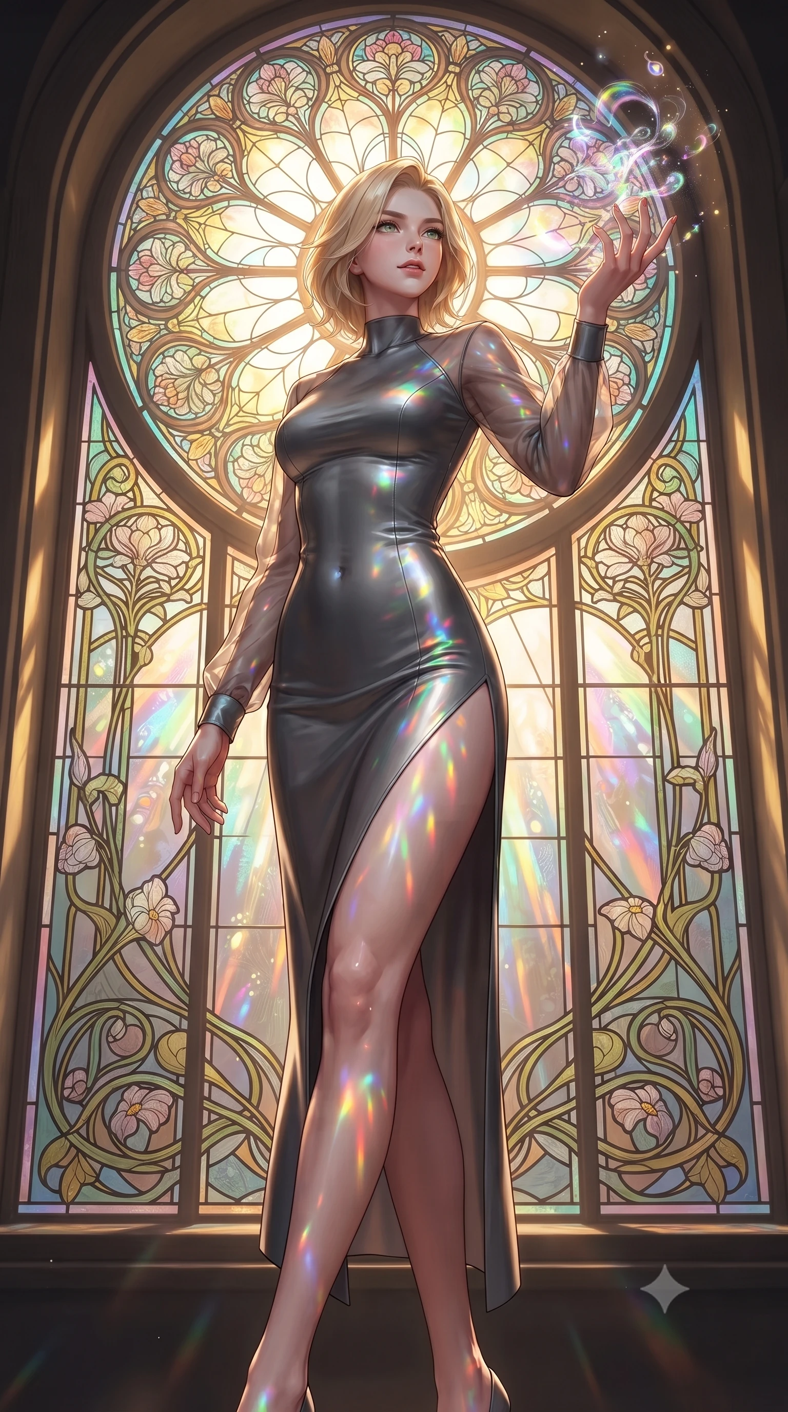 score_9, masterpiece, best quality, ultra-detailed, high-budget anime keyframe, editorial fashion photography, tasteful artistic composition, Caucasian woman. low angle full-body shot from head to toe showing her feet, filling the entire 9:16 vertical frame with her statuesque presence, stretching her vertical silhouette. interacting gracefully with the magical floating elements while maintaining a confident posture standing before a monumental Art Nouveau stained glass rose window, vibrant rainbow light patterns projected across her skin and costume. She has an absolutely perfect, statuesque 8.5-heads proportion, an exceptionally tall and slender model-like female figure with impossibly long slender legs and an ultra-slim waist. sharp v-shaped jawline, high-bridge nose, intricate jewel-like eyes with depth, thick eyelashes, glossy lips with a natural sheen. wearing a sleek bodycon knit dress with sheer organza sleeve panels in charcoal grey and platinum, woven from fine semi-opaque sheer organza, finished with a sleek side slit ascending to mid-thigh, the sleek second-skin texture accentuating her magnetic presence. illuminated by a warm golden key light and brilliant multi-color rim light. ultra-reflective glossy finish, specular highlights, metallic sheen, high-contrast stereoscopic depth, volumetric dynamic lighting, 2k, ultra detail, master piece, 9:16 ratio