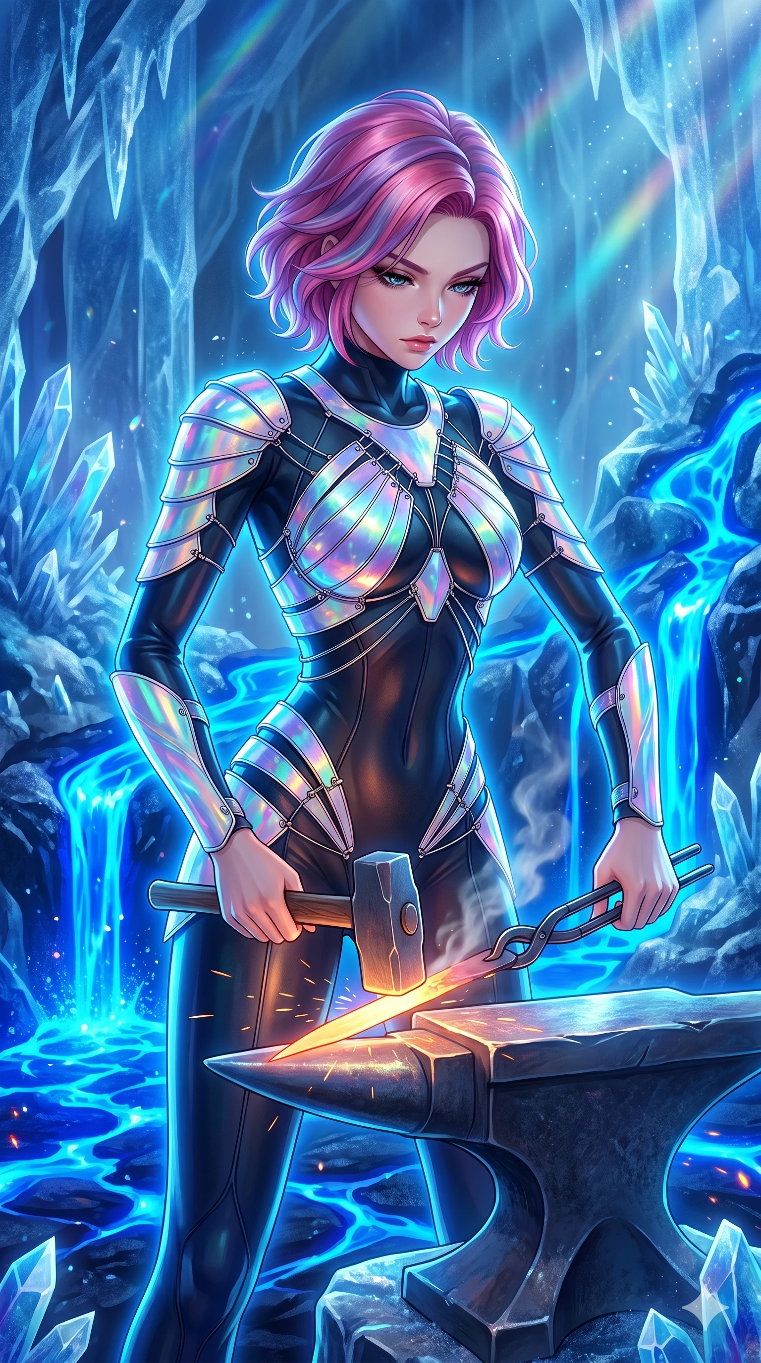 score_9, masterpiece, best quality, ultra-detailed, high-budget anime keyframe, Japanese woman. upper body close-up from the thighs up, character filling the screen for maximum presence. forging in a prismatic ice-volcano temple where glowing cobalt-blue liquid magma flows between frozen blue ash crystals. She has an absolutely perfect 8-heads proportion, an exceptionally tall and slender female figure with impossibly long slender legs and an ultra-slim waist. V-shaped jawline, high-bridge nose, intricate jewel-like eyes with depth, thick eyelashes, glossy lips with a natural sheen.. wearing a holographic ribbon shell armor, featuring thin iridescent plates linked by wire straps over a sleek contouring base. bathed in brilliant cinematic volumetric lighting and intense neon rim light highlighting her slender form. 2k, ultra detail, master piece, 9:16 ratio