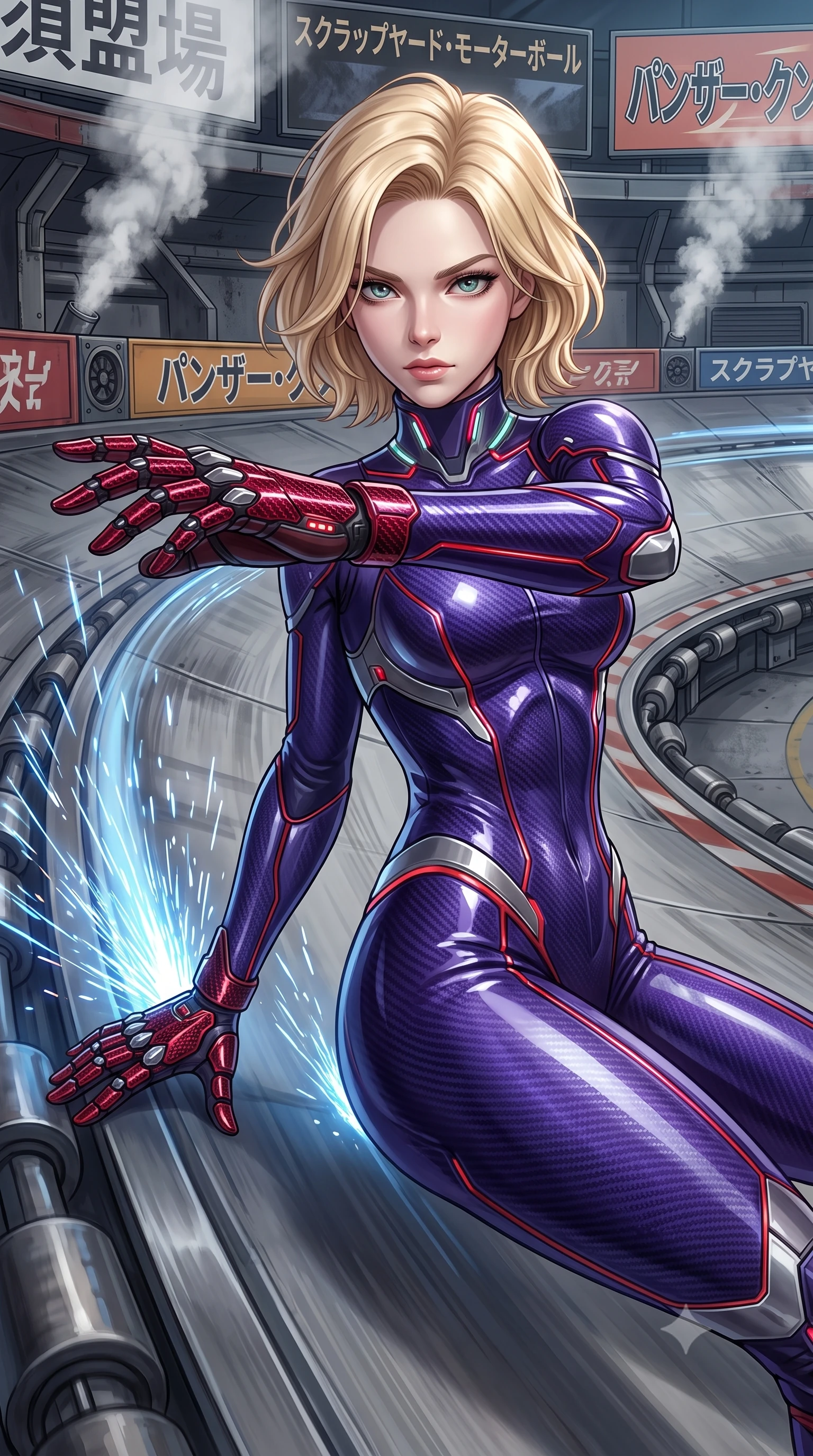 score_9, masterpiece, best quality, ultra-detailed, high-budget anime keyframe, semi-realistic 3D game render, editorial fashion photography, tasteful artistic composition, Caucasian woman. close-up cowboy shot from the waist and thighs up, the character dominates the composition, filling the frame with her large presence. in a razor-sharp Panzer Kunst fighting guard, one hand extended with palm open in fluid kinetic tension, captivating jewel-like eyes locked onto the viewer with dangerous focus while drifting at extreme velocity along the banked metal curve of a Scrapyard Motorball arena, touching one hand to the track as blue sparks fly. The surrounding environment is rendered in vivid detail and crisp panoramic clarity. detailed magnetic skate rollers, industrial exhaust steam plumes, and arena billboard kanji in high clarity. She has an exceptionally elegant, slender, and willowy female figure with an ultra-slim waist, a gracefully sculpted slender torso, toned flat midriff, and a refined slim silhouette. sharp v-shaped jawline, high-bridge nose, intricate jewel-like eyes with depth, thick eyelashes, glossy lips with a natural sheen, flawlessly proportioned anatomical accuracy, strict slender model proportions, natural body alignment, perfectly sculpted long slender limbs, ultra-slim waistline, clean dynamic posture without body distortion. wearing a precision-fitted royal purple carbon-fiber martial arts suit with silver accents and glowing micro-circuit knuckle plating in deep crimson carbon weave with specular dark chrome accents, formed from high-gloss patent carbon-plating with specular chiaroscuro reflections, featuring a sleek aerodynamic collar framed by subtle glowing cybernetic status LEDs, the liquid-tight tailored fabric emphasizing every curve of her tall, slender model proportions and sculptured silhouette during dynamic movement. illuminated by crisp white key lighting with sharp specular highlights tracing her sculpted athletic curves. rich saturated anime colors with glowing neon highlights, detailed shading with soft gradients, rich glossy textures, high-contrast stereoscopic depth, volumetric dynamic lighting, master piece, 9:16 ratio