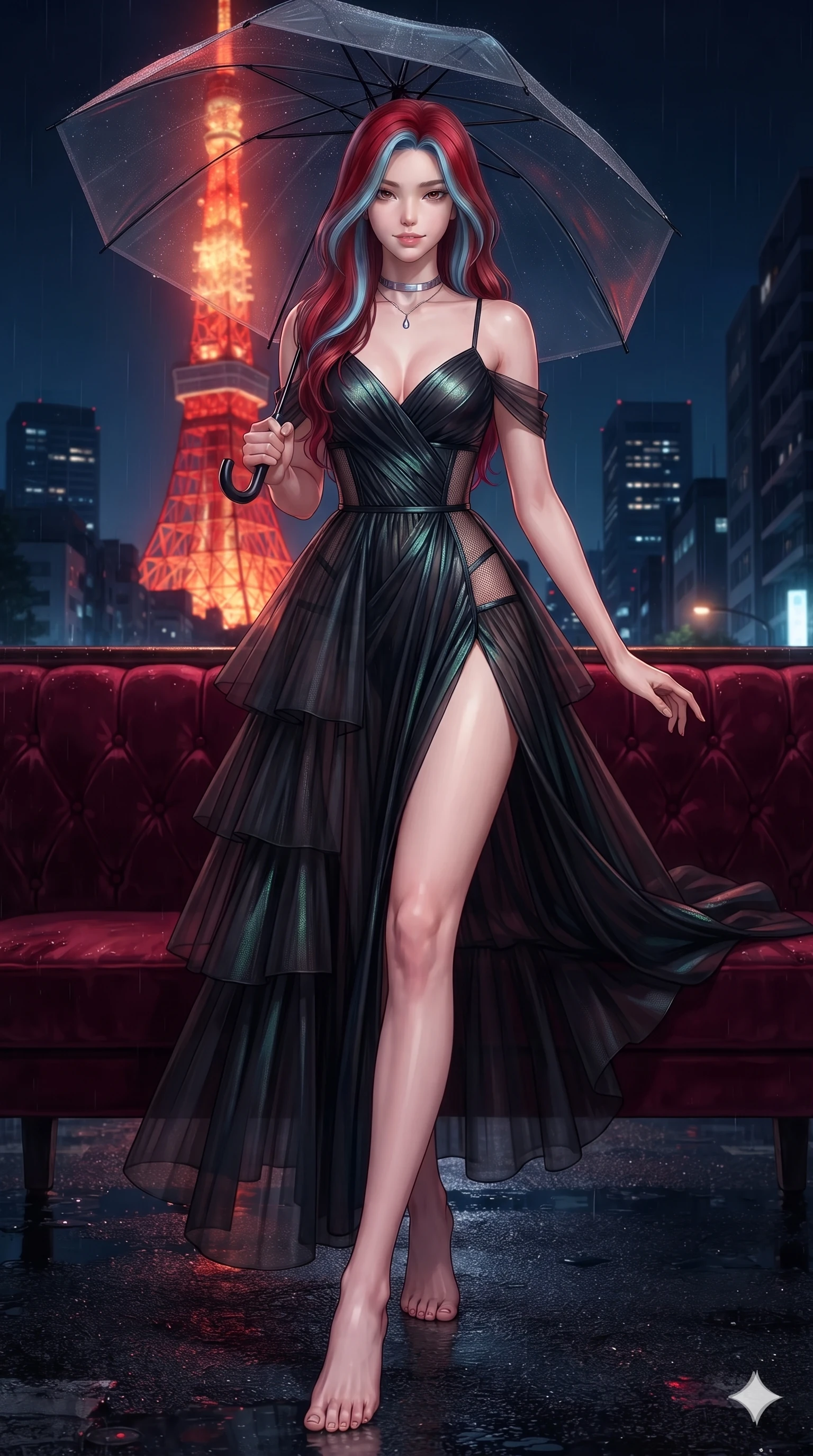 score_9, masterpiece, best quality, ultra-detailed, high-budget anime keyframe, editorial fashion photography, tasteful artistic composition, Caucasian woman. low angle full-body shot from head to toe showing her feet, filling the entire 9:16 vertical frame with her statuesque presence, stretching her vertical silhouette. walking dynamically down the glistening wet asphalt alley beneath a translucent black umbrella, hips swaying gracefully in a captivating supermodel rhythm while reclining languidly across the velvet banquette with one knee bent and hips angled toward the camera, displaying her toned midriff and long slender limbs. The surrounding environment is rendered in vivid detail and crisp panoramic clarity: detailed asymmetric liquid mercury metallic mini dress tailoring, sheer mesh inserts, and night-sky architecture in razor-sharp precision. She has an exceptionally tall and slender model-like 8.5-heads proportion, an ultra-slim waist, a flat toned midriff, narrow delicate ribcage, and beautifully sculpted feminine hips creating a graceful, slim hourglass silhouette without any bulky heaviness, with impossibly long slender legs. sharp v-shaped jawline, high-bridge nose, intricate jewel-like dark sparkling eyes with dangerous depth, thick curled eyelashes, glossy parted lips with a rich wine sheen, smoldering seductive half-smile with bedroom-eyes, exuding effortless superiority and intoxicating dark allure, flawlessly proportioned anatomical accuracy, strict slender model proportions, natural body alignment, perfectly sculpted long slender limbs, ultra-slim waistline, clean dynamic posture without body distortion. wearing a tiered semi-sheer black tulle and silk slip dress with an ultra-slim corseted waist and bare shoulders in iridescent petroleum beetle-sheen and deep graphite, featuring strategic sheer-illusion micro-mesh cutouts along her ribcage and hip flanks, finished with a minimalist chrome choker and a single teardrop pendant, the high-slit wrap tailoring accentuating her ultra-slim waistline and the enchanting curve of her feminine hips with alluring seductive charm. bathed in the warm radiant scarlet and orange glow of Tokyo Tower contrasted with deep midnight navy skies. ultra-reflective glossy finish, specular highlights, rich textural contrasts, high-contrast stereoscopic depth, volumetric dynamic lighting, 2k, ultra detail, master piece, 9:16 ratio