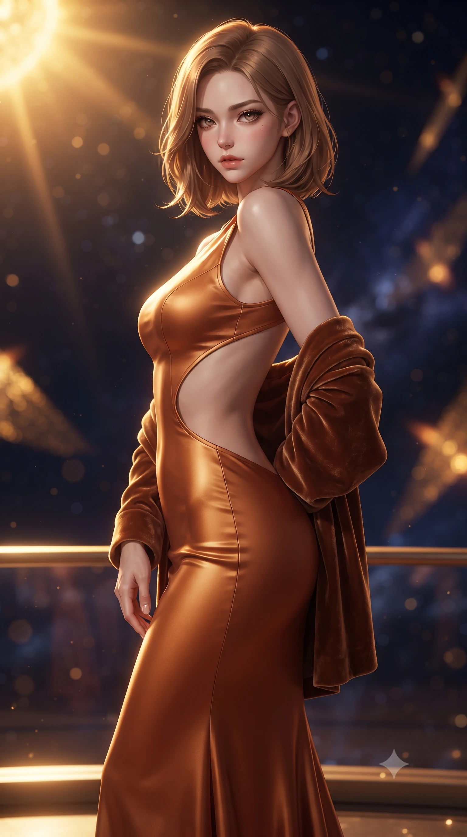score_9, masterpiece, best quality, ultra-detailed, high-budget anime keyframe, editorial fashion photography, tasteful artistic composition, Korean woman. close-up cowboy shot from the waist and thighs up, the character dominates the composition, filling the frame with her large presence. twisting her slender torso in a deep contrapposto stance, hips dramatically shifted to accentuate her feminine curves while looking past her shoulder with smoldering bedroom-eyes while standing poised on the high-orbit observation promenade, turning in an elegant dancer S-curve as solar corona radiation paints golden highlights along her silhouette. The composition keeps background elements in soft focus with creamy bokeh. billowing micro-thin golden solar sails and distant solar prominences blurred into shimmering amber, molten gold, and deep cosmic indigo bokeh. She has an exceptionally elegant, slender, and willowy female figure with an ultra-slim waist, flat toned midriff, narrow ribcage, and sculpted feminine hips creating an alluring, slim hourglass silhouette without bulk. sharp v-shaped jawline, high-bridge nose, intricate jewel-like eyes with depth, thick eyelashes, glossy parted lips with a natural sheen, intensely captivating and seductive bedroom-eyes expression, flawlessly proportioned anatomical accuracy, strict slender model proportions, natural body alignment, perfectly sculpted long slender limbs, ultra-slim waistline, clean dynamic posture without body distortion. wearing a sculptured liquid-satin mermaid gown with an architectural open-waist cutout and bare spine in molten desert gold and burnt terracotta, tailored from water-resistant treated wool gabardine and flexible stretch silk, complemented by a plush velvet shawl draped loosely over her elbows, the form-contouring material adhering flawlessly to her sculpted flat midriff and slender torso, emphasizing her long leg lines and perfectly proportioned willowy build. bathed in glorious molten golden solar radiation backlighting filtered through high-tech polarized glass. ultra-reflective glossy finish, specular highlights, rich textural contrasts, high-contrast stereoscopic depth, volumetric dynamic lighting, 2k, ultra detail, master piece, 9:16 ratio