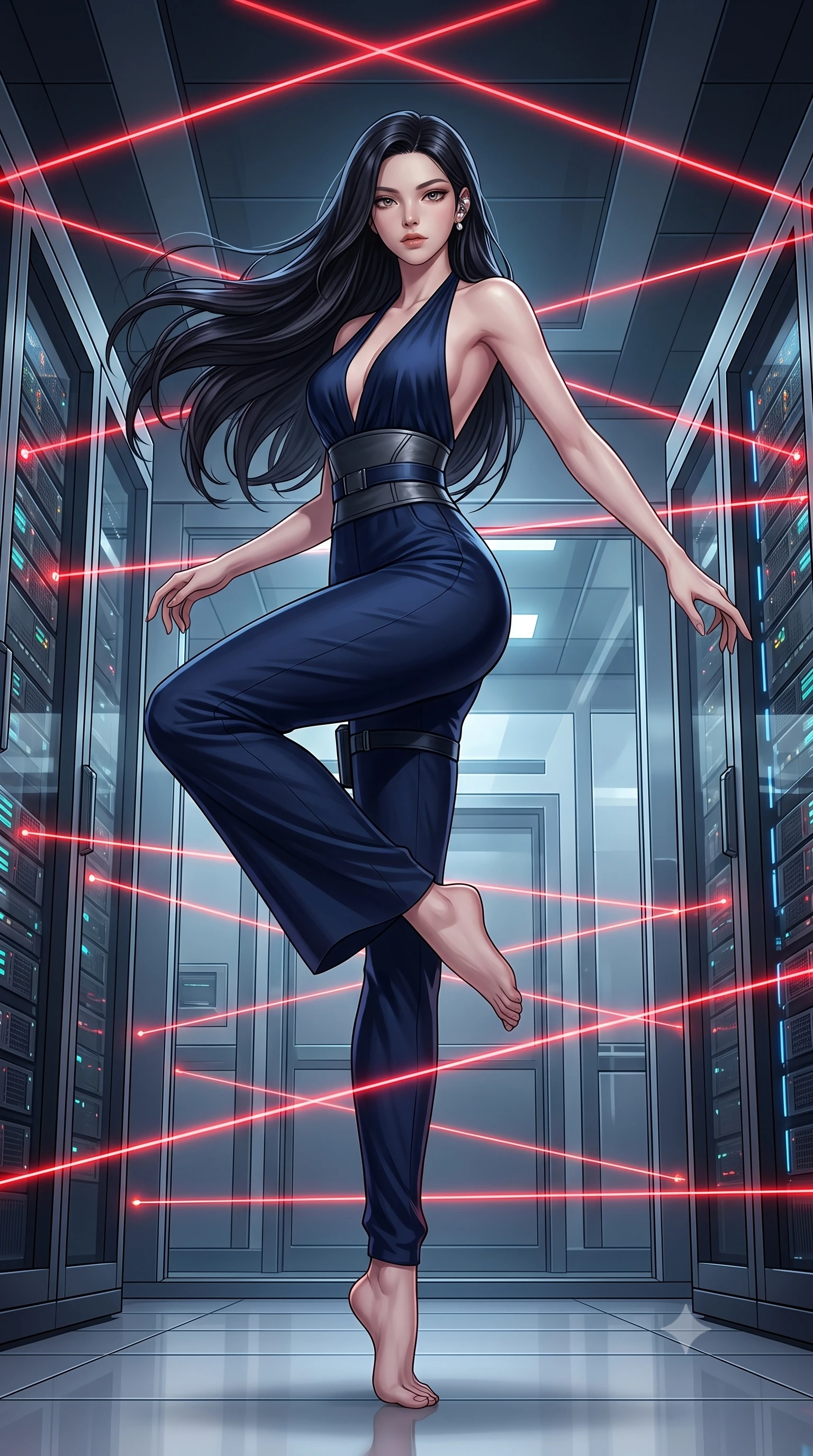 score_9, masterpiece, best quality, ultra-detailed, high-budget anime keyframe, semi-realistic 3D game render, editorial fashion photography, tasteful artistic composition, Korean woman. low angle full-body shot from head to toe showing her feet, filling the entire 9:16 vertical frame with her statuesque presence, stretching her vertical silhouette. landing lightly on the balls of her feet in a balanced kinetic stance, eyes locked onto the camera with fearless allure while navigating a high-security mainframe server vault, contorting her slender athletic body in a flawless gymnastic evasion beneath glowing red laser grids. The surrounding environment is rendered in vivid detail and crisp panoramic clarity. deep high-contrast espionage chiaroscuro and ultra-modern data fortress architecture in precision. She has an absolutely perfect, statuesque 8.5-heads proportion, an exceptionally tall and slender model-like female figure with impossibly long slender legs, a toned flat midriff, and an ultra-slim waist. sharp v-shaped jawline, high-bridge nose, intricate jewel-like eyes with depth, thick eyelashes, glossy lips with a natural sheen, captivating and magnetic expression, flawlessly proportioned anatomical accuracy, strict slender model proportions, natural body alignment, perfectly sculpted long slender limbs, ultra-slim waistline, clean dynamic posture without body distortion. wearing a high-society undercover halter-neck jumpsuit with a tailored deep-V back and integrated tactical waist cincher in deep midnight blue and brushed gunmetal, tailored from fluid silk crepe with inner ballistic reinforcement, accessorized with a sleek concealed garter holster and pearl ear transmitter edition #24, the breezy yet form-flattering drape swaying gracefully with her steps, accentuating her long willowy limbs and slim waistline. surrounded by a deadly, sophisticated, and irresistibly alluring secret agent femme fatale aura. highly saturated vibrant anime colors, detailed shading with soft gradients, rich glossy textures, high-contrast stereoscopic depth, volumetric dynamic lighting, master piece, 9:16 ratio