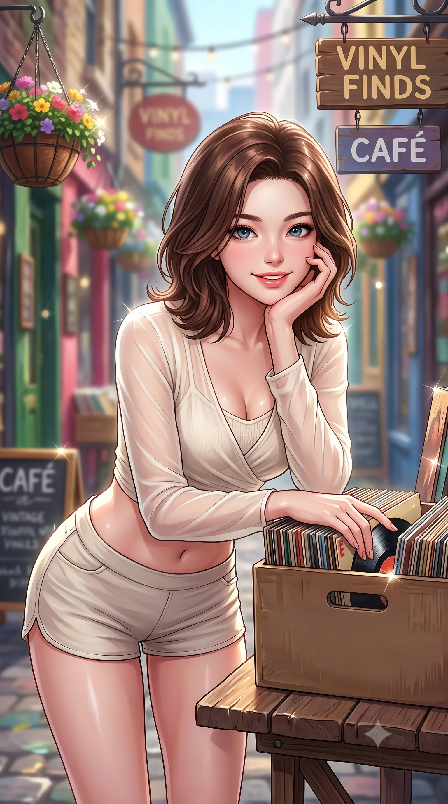 score_9, masterpiece, best quality, ultra-detailed, high-budget anime keyframe, editorial fashion photography, tasteful artistic composition, Korean woman. close-up cowboy shot from the waist and thighs up, the character dominates the composition, filling the frame with her large presence, background elements kept in soft focus. smiling cutely while resting her chin on her hand, looking directly into the lens set against a soft-focus background of in a colorful alley decorated with hanging flower baskets and wooden signs browsing through a box of vintage vinyl records with a happy smile. She has an exceptionally elegant, slender, and willowy female figure with an ultra-slim waist, a gracefully sculpted slender torso, and a refined silhouette. sharp v-shaped jawline, high-bridge nose, intricate jewel-like eyes with depth, thick eyelashes, glossy lips with a natural sheen. wearing body-hugging sheer chiffon wrap top in cream, worn over a slim-fit knit bralette and low-cut shorts. bright daylight reflecting off the display cases, creating sparkling glints. highly saturated vibrant anime colors, detailed shading with soft gradients, rich glossy textures, high-contrast stereoscopic depth, volumetric dynamic lighting, master piece, 9:16 ratio