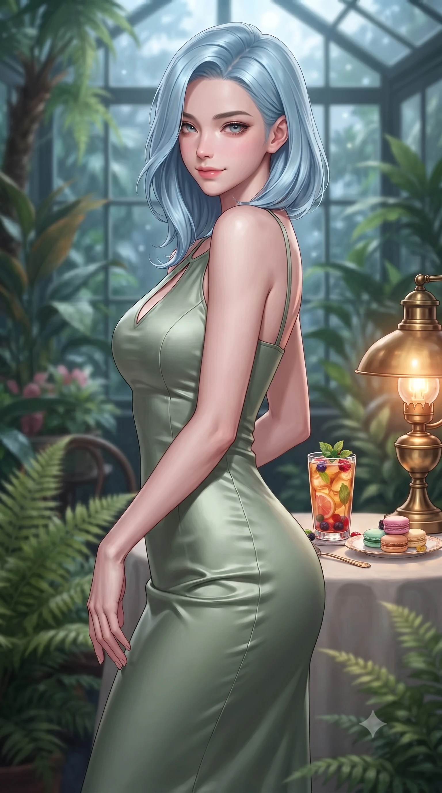 score_9, masterpiece, best quality, ultra-detailed, high-budget anime keyframe, editorial fashion photography, tasteful artistic composition, Korean woman. close-up cowboy shot from the waist and thighs up, the character dominates the composition, filling the frame with her large presence, background elements kept in soft focus. glancing sidelong over her shoulder with an intoxicating, lingering stare and a subtle, knowing smile set against a soft-focus background of inside an exclusive botanical greenhouse with a glass of iced fruit tea and delicate macaron pastries arranged on the table. She has an exceptionally elegant, slender, and willowy female figure with an ultra-slim waist, a gracefully sculpted slender torso, and a refined silhouette. sharp v-shaped jawline, high-bridge nose, intricate jewel-like eyes with depth, thick eyelashes, glossy lips with a natural sheen. wearing tailored sage green liquid satin body-hugging knit midi dress with a tasteful keyhole neckline cutout and thin shoulder straps featuring refined tailored seams. illuminated by soft silver moonlight contrasting with the warm amber glow of a nearby lamp. highly saturated vibrant anime colors, detailed shading with soft gradients, rich glossy textures, high-contrast stereoscopic depth, volumetric dynamic lighting, master piece, 9:16 ratio