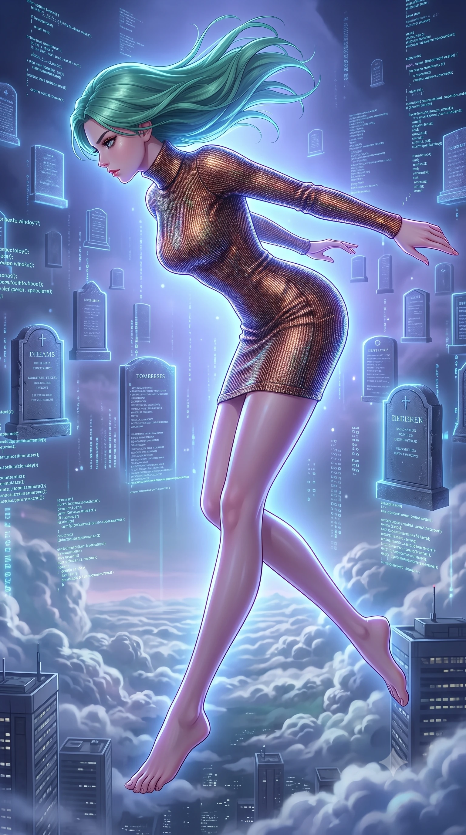 score_9, masterpiece, best quality, ultra-detailed, high-budget anime keyframe, editorial fashion photography, tasteful artistic composition, Japanese woman. low angle full-body shot from head to toe showing her feet, filling the entire 9:16 vertical frame with her statuesque presence, stretching her vertical silhouette. leaping off a launching drop-ship, diving headfirst toward the cloud tops of an alien world through a futuristic graveyard where tombstones are digital projections, code columns floating in the damp air under towering corporate blocks. She has a statuesque 8.5-heads proportion, an exceptionally tall, slender and willowy model-like build with impossibly long legs and a highly sculpted ultra-slim waist. sharp v-shaped jawline, high-bridge nose, intricate jewel-like eyes with depth, thick eyelashes, glossy lips with a natural sheen. wearing catching and diffusing the glowing particles, shimmering softly in response to the surrounding light, a slim-fit long-sleeve fitted turtleneck dress in a shimmering multi-colored bronze metallic knit, tracing every line of her slender form. highly saturated vibrant anime colors, intense vivid color palette, soft 3D volumetric shading, volumetric dynamic lighting, cool ethereal blue-violet bioluminescent glow wrapping around her from all sides. 2k, ultra detail, master piece, 9:16 ratio
