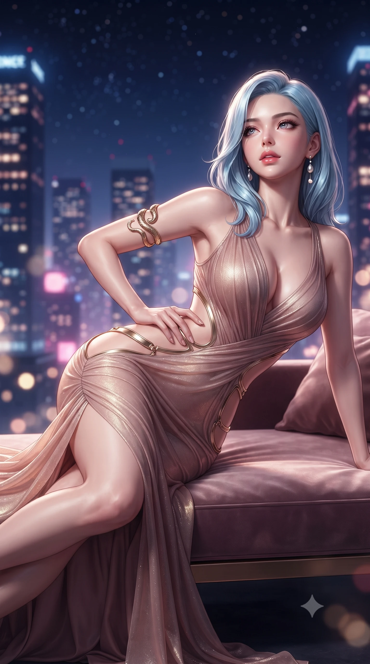 score_9, masterpiece, best quality, ultra-detailed, high-budget anime keyframe, editorial fashion photography, tasteful artistic composition, Korean woman. close-up cowboy shot from the waist and thighs up, the character dominates the composition, filling the frame with her large presence. tilting her chin up with proud, sovereign allure while gazing through thick eyelashes, one hand resting on her waist in pure supermodel charisma while reclining on her side across a floating velvet infinity daybed, one leg extended and torso propped on one elbow to accentuate the sweeping line of her curvy hips. The composition keeps background elements in soft focus with creamy bokeh. sprawling metropolis skyscraper light grids and starry midnight skies blurred into deep sapphire, magenta, and champagne-gold bokeh. She has an exceptionally elegant, slender, and willowy female figure with an ultra-slim waist, a gracefully sculpted slender torso, toned flat midriff, and rounded feminine hips creating an alluring hourglass silhouette. sharp v-shaped jawline, high-bridge nose, intricate jewel-like eyes with depth, thick eyelashes, glossy parted lips with a natural sheen, intensely captivating and seductive bedroom-eyes expression, flawlessly proportioned anatomical accuracy, strict slender model proportions, natural body alignment, perfectly sculpted long slender limbs, ultra-slim waistline, clean dynamic posture without body distortion. wearing a form-contouring mermaid gown with curved architectural hip cutouts framed by metallic gold hardware in dusky blush rose and champagne shimmer, woven from layered gossamer chiffon with a weightless sweeping drape, accented with a sculptured gold serpent armlet and pearl drop earrings, the liquid-tight tailored fabric clinging flawlessly to her narrow waist and rounded feminine hips, emphasizing every millimeter of her sculpted hourglass curves during movement. illuminated by crisp directional edge lights sharply sculpting her slender waist and curvy feminine hips. ultra-reflective glossy finish, specular highlights, rich textural contrasts, high-contrast stereoscopic depth, volumetric dynamic lighting, 2k, ultra detail, master piece, 9:16 ratio
