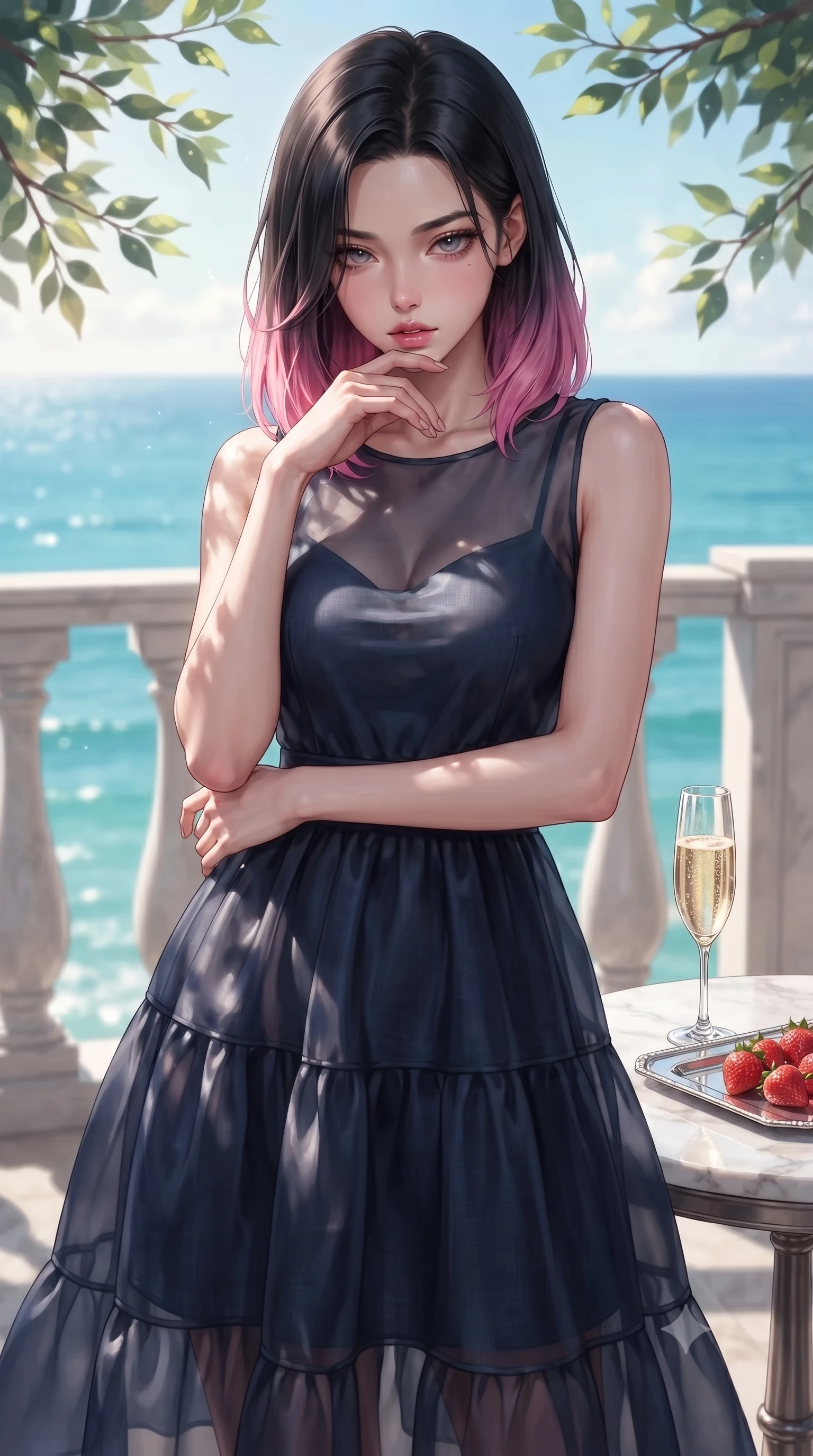 score_9, masterpiece, best quality, ultra-detailed, high-budget anime keyframe, editorial fashion photography, tasteful artistic composition, Korean woman. close-up cowboy shot from the waist and thighs up, the character dominates the composition, filling the frame with her large presence, background elements kept in soft focus. looking down at the viewer beneath lowered lashes with a quiet, smoldering confidence and parted lips set against a soft-focus background of inside an exclusive oceanfront balcony with a crystal glass of sparkling champagne and fresh strawberries on a silver tray. She has an exceptionally elegant, slender, and willowy female figure with an ultra-slim waist, a gracefully sculpted slender torso, and a refined silhouette. sharp v-shaped jawline, high-bridge nose, intricate jewel-like eyes with depth, thick eyelashes, glossy lips with a natural sheen. wearing form-contouring midnight navy sheer organza flowy linen sundress with a comfortable tiered skirt silhouette featuring refined tailored seams. highlighted by dappled sunlight filtering through leafy branches, creating soft organic patterns. ultra-reflective glossy finish, specular highlights, metallic sheen, high-contrast stereoscopic depth, volumetric dynamic lighting, 2k, ultra detail, master piece, 9:16 ratio