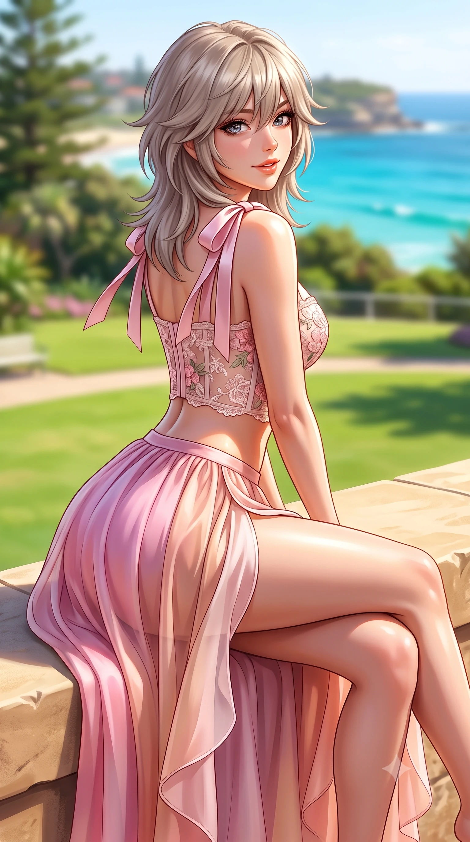 score_9, masterpiece, best quality, ultra-detailed, high-budget anime keyframe, semi-realistic 3D game render, editorial fashion photography, tasteful artistic composition, Japanese woman. close-up cowboy shot from the waist and thighs up, the character dominates the composition, filling the frame with her large presence. posing in an alluring rear three-quarter angle, turning over a bare shoulder with an intoxicating cute smile, her hips cocked back to highlight her slim hourglass curve while sitting perched on the sunlit sandstone seawall with legs crossed, her toned flat midriff and curvy hips glowing in the radiant Australian sun. The composition keeps background elements in soft focus with dreamy creamy bokeh. lush subtropical botanic trees and manicured lawns softened in vibrant Australian shallow focus. She has an exceptionally elegant, slender, and willowy female figure with an ultra-slim waist, flat toned midriff, narrow ribcage, and sculpted feminine hips creating an alluring, slim hourglass silhouette without bulk. sharp v-shaped jawline, high-bridge nose, intricate jewel-like sparkling eyes with depth, thick eyelashes, glossy parted lips with a natural peach sheen, bright cheerful beaming smile with an enchanting and coquettish sensual glint, exuding both youthful cute charm and seductive allure, flawlessly proportioned anatomical accuracy, strict slender model proportions, natural body alignment, perfectly sculpted long slender limbs, ultra-slim waistline, clean dynamic posture without body distortion. wearing a delicate floral embroidery bustier top paired with a flowy high-slit chiffon maxi skirt with a side hip opening in cherry blossom pink and soft rose gold, woven from layered gossamer organza with weightless flutter, finished with cute satin bow ribbons tying at the shoulders, the liquid-tight tailored fabric clinging flawlessly to her narrow waist and rounded feminine hips, emphasizing every millimeter of her sculpted slim hourglass curves without any bulky heaviness. illuminated by intense specular sea reflections sharply carving her razor-sharp jawline, narrow waist, and curvy hips. highly saturated vibrant anime colors, detailed shading with soft gradients, rich glossy textures, high-contrast stereoscopic depth, volumetric dynamic lighting, master piece, 9:16 ratio
