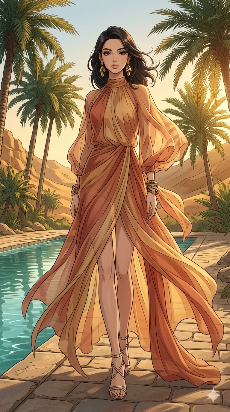 score_9, masterpiece, best quality, ultra-detailed, high-budget anime keyframe, an incredibly beautiful Japanese woman. Full-body shot stretching the vertical silhouette, dominating the 9:16 frame. She is a high-fashion icon in a desert oasis. She possesses a statuesque height and a towering silhouette, highlighting her long slender legs and perfect 8-heads proportion. Her face is a flawless masterpiece with a sharp v-shaped jawline, high-bridge nose, expressive jewel-like eyes, thick eyelashes, and perfectly glossy lips. She is wearing a flowing, semi-transparent silk dress that catches the desert wind. A tranquil desert oasis with palm trees and a shimmering pool, golden hour light., 2k, ultra detail, master piece, 9:16 ratio