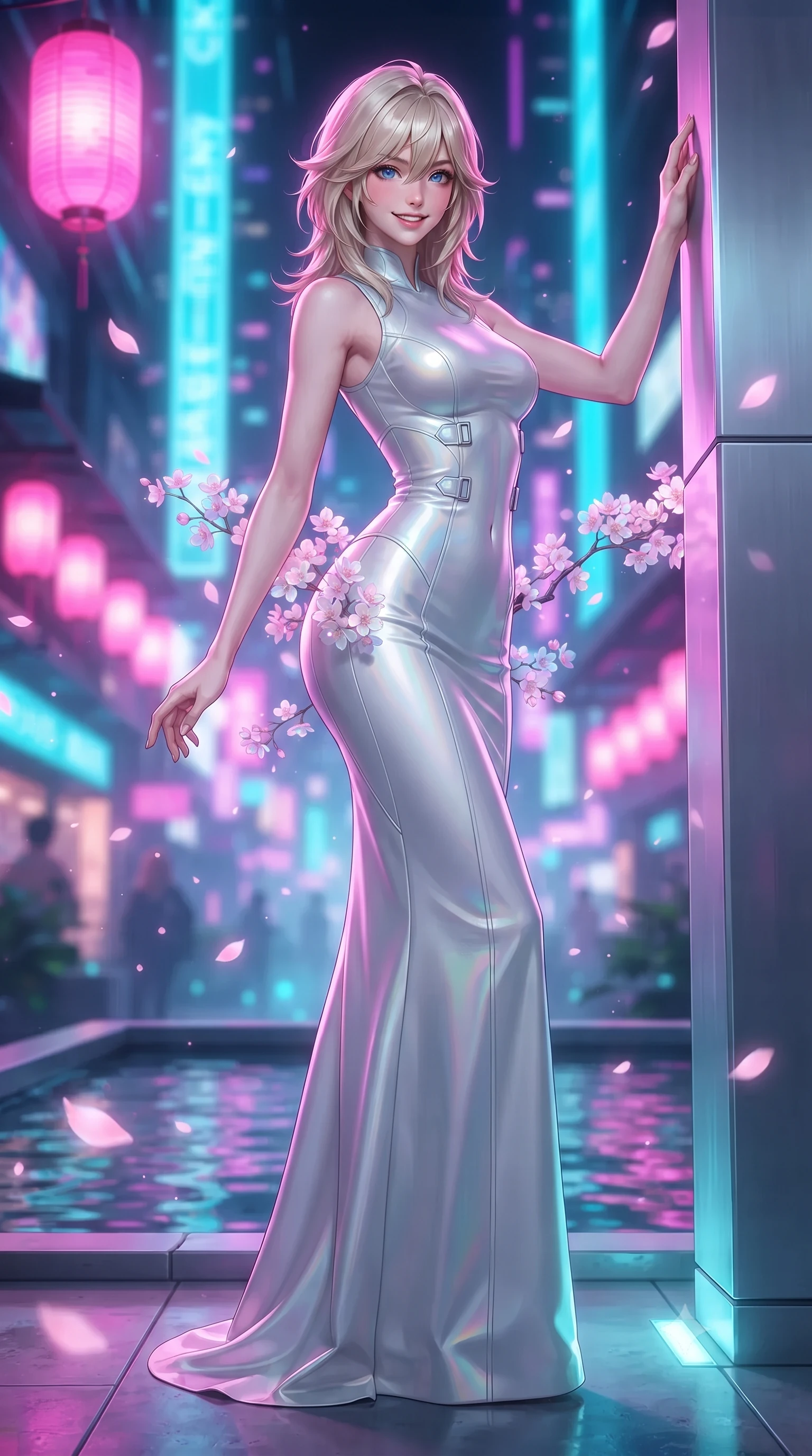 score_9, masterpiece, best quality, ultra-detailed, high-budget anime keyframe, editorial fashion photography, tasteful artistic composition, Japanese woman. low angle full-body shot from head to toe showing her feet, filling the entire 9:16 vertical frame with her statuesque presence, stretching her vertical silhouette. standing tall beside the architectural column, one hand resting high while arching her lower back to emphasize her sculpted feminine hips and slender waist while twisting her slender torso in an alluring contrapposto stance beside the shallow reflecting pool, holographic cherry blossoms caressing her narrow waist and curvy hips. The background shows a soft-focus floating bioluminescent pink sakura petals, glowing holographic lanterns, and vertical neon sky-freeway ribbons blurred into fuchsia, cyan, and amethyst bokeh. She has an exceptionally tall and slender model-like 8.5-heads proportion, an ultra-slim waist, a flat toned midriff, narrow delicate ribcage, and beautifully sculpted feminine hips creating a graceful, slim hourglass silhouette without any bulky heaviness, with impossibly long slender legs. sharp v-shaped jawline, high-bridge nose, intricate jewel-like sparkling eyes with depth, thick eyelashes, glossy parted lips with a natural peach sheen, bright cheerful beaming smile with an enchanting and coquettish sensual glint, exuding both youthful cute charm and seductive allure, flawlessly proportioned anatomical accuracy, strict slender model proportions, natural body alignment, perfectly sculpted long slender limbs, ultra-slim waistline, clean dynamic posture without body distortion. wearing a sculpted second-skin neoprene column gown with subtle architectural seam lines accentuating her curves in holographic prismatic pearl and titanium white, crafted from fluid liquid silk satin that clings smoothly to her narrow waist and rounded hips with a dewy sheen, finished with sleek magnetic buckle closures fluttering in the breeze, the bespoke structured tailoring following the natural line of her 8.5-heads silhouette with refined elegance. bathed in the ethereal glow of neon magenta sakura lanterns combined with cool electric-cyan floor up-lights. ultra-reflective glossy finish, specular highlights, rich textural contrasts, high-contrast stereoscopic depth, volumetric dynamic lighting, 2k, ultra detail, master piece, 9:16 ratio