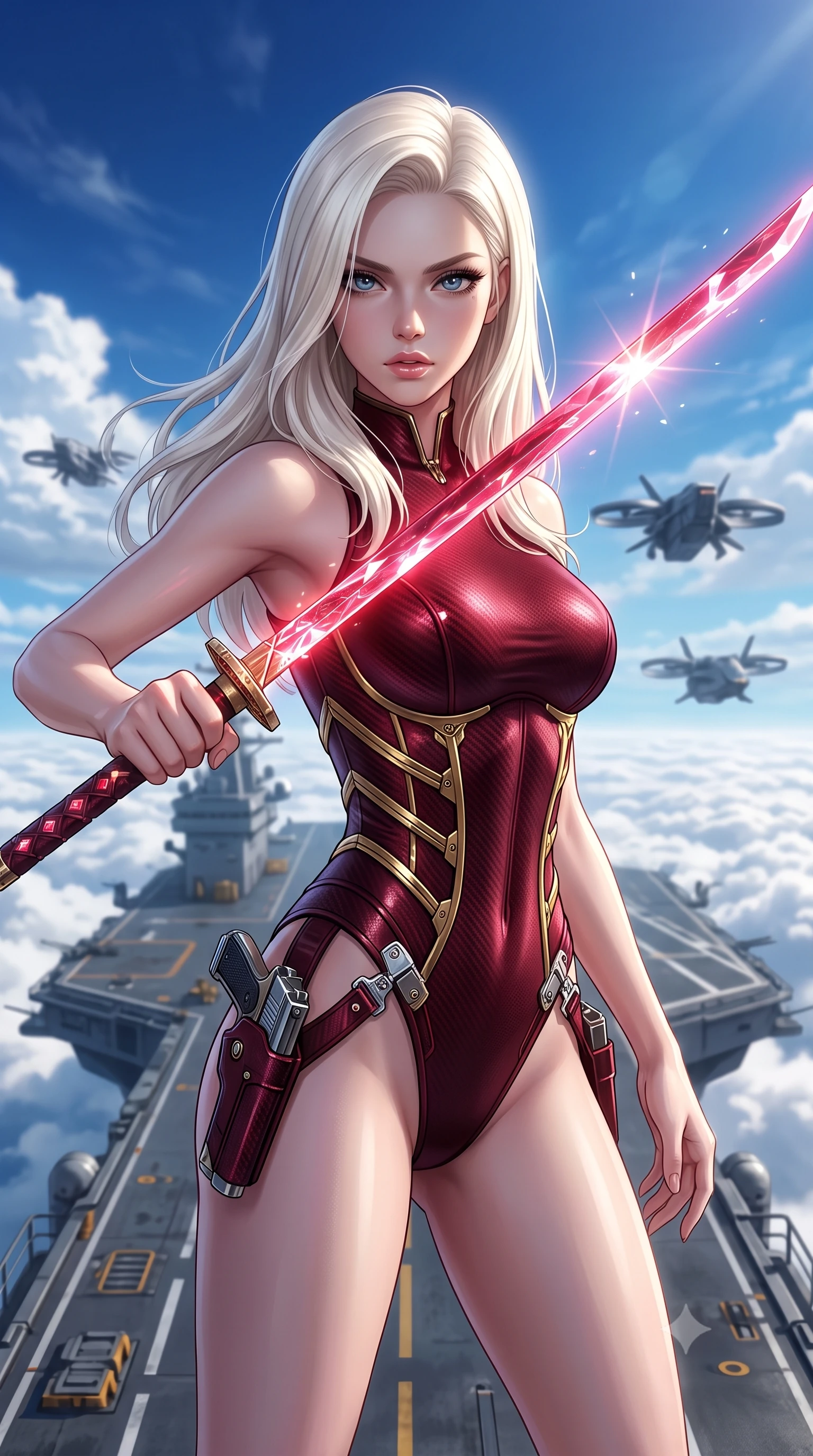 score_9, masterpiece, best quality, ultra-detailed, high-budget anime keyframe, semi-realistic 3D game render, editorial fashion photography, tasteful artistic composition, Caucasian woman. close-up cowboy shot from the waist and thighs up, the character dominates the composition, filling the frame with her large presence. looking into the camera lens with intense, captivating depth, softly parted glossy lips and thick eyelashes framing her fierce battle-ready gaze while standing at the carrier prow overlooking an endless sea of white clouds with funnel blades hovering in deadly symmetry. The composition keeps background elements in soft focus with creamy bokeh. glistening nano-crystal blade facets scattering bright sun glints across a breathtaking sky backdrop. She has an exceptionally elegant, slender, and willowy female figure with an ultra-slim waist, a gracefully sculpted slender torso, toned flat midriff, and a refined slim silhouette. sharp v-shaped jawline, high-bridge nose, intricate jewel-like eyes with depth, thick eyelashes, glossy lips with a natural sheen, flawlessly proportioned anatomical accuracy, strict slender model proportions, natural body alignment, perfectly sculpted long slender limbs, ultra-slim waistline, clean dynamic posture without body distortion. wearing a precision-tailored high-fashion carbon-fiber corset bodysuit with gold mechanical rib boning, wielding a glowing energy katana with royal elegance in deep crimson carbon weave with specular dark chrome accents, made of liquid carbon-jersey fabric adhering flawlessly to her sculpted silhouette, detailed with magnetic weapon holsters and polished chrome connection clasps, the sleek second-skin cut tightly hugging her graceful clavicle, narrow waist, and feminine curves with athletic precision. bathed in dazzling high-noon sunlight and rich sky-blue ambient bounce light. rich saturated anime colors with glowing neon highlights, detailed shading with soft gradients, rich glossy textures, high-contrast stereoscopic depth, volumetric dynamic lighting, master piece, 9:16 ratio