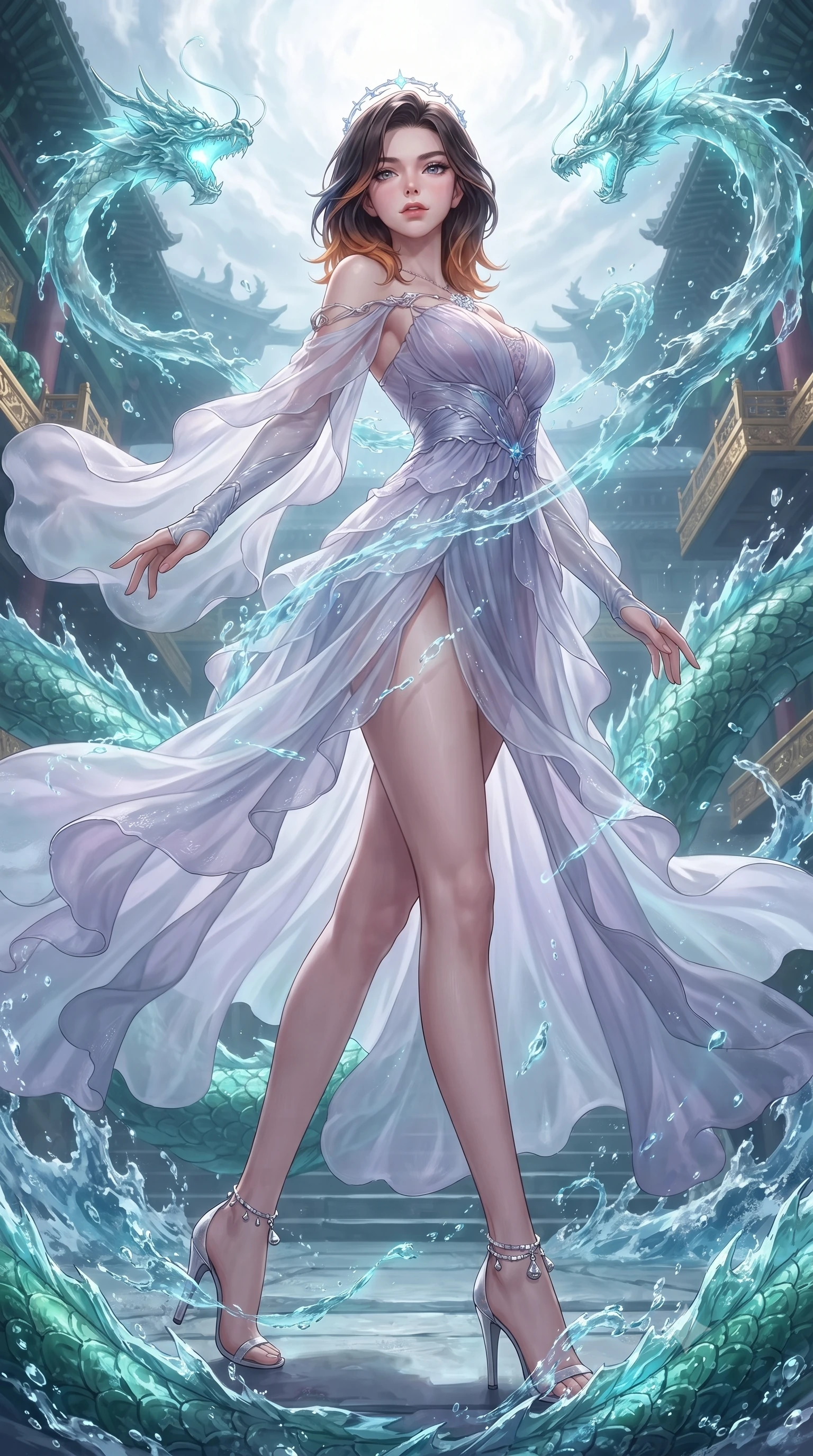 score_9, masterpiece, best quality, ultra-detailed, high-budget anime keyframe, editorial fashion photography, tasteful artistic composition, Korean woman. low angle full-body shot from head to toe showing her feet, filling the entire 9:16 vertical frame with her statuesque presence, stretching her vertical silhouette. pivoting dynamically with supreme athletic balance and poise, her impossibly long slender legs creating a breathtaking line while pivoting gracefully as dragon-shaped water streams leap through the air, their cyan glow reflecting on her polished silk attire. The surrounding environment is rendered in vivid detail and crisp panoramic clarity. sharp carved jade dragon scale textures, crystalline water splash crests, and gold palace inlay in deep focus. She has an absolutely perfect, statuesque 8.5-heads proportion, an exceptionally tall and slender model-like female figure with impossibly long slender legs, a toned flat midriff, and an ultra-slim waist. sharp v-shaped jawline, high-bridge nose, intricate jewel-like eyes with depth, thick eyelashes, glossy lips with a natural sheen, captivating and magnetic expression, flawlessly proportioned anatomical accuracy, strict slender model proportions, natural body alignment, perfectly sculpted long slender limbs, ultra-slim waistline, clean dynamic posture without body distortion. wearing a celestial lotus-inspired layered chiffon gown with an exposed clavicle bodice in moonlit silver and lavender mist, crafted from sheer cascading chiffon that ripples like water, accented with dainty silver ankle bells and a glowing constellation circlet, the glove-like aerodynamic second-skin fit tightly clinging to her ultra-slender waist and athletic curves without adding bulk, accentuating her razor-sharp statuesque lines and slim hourglass silhouette. surrounded by a royal, mythical, and deeply revered dragon palace guardian princess aura. ultra-reflective glossy finish, specular highlights, rich textural contrasts, high-contrast stereoscopic depth, volumetric dynamic lighting, 2k, ultra detail, master piece, 9:16 ratio
