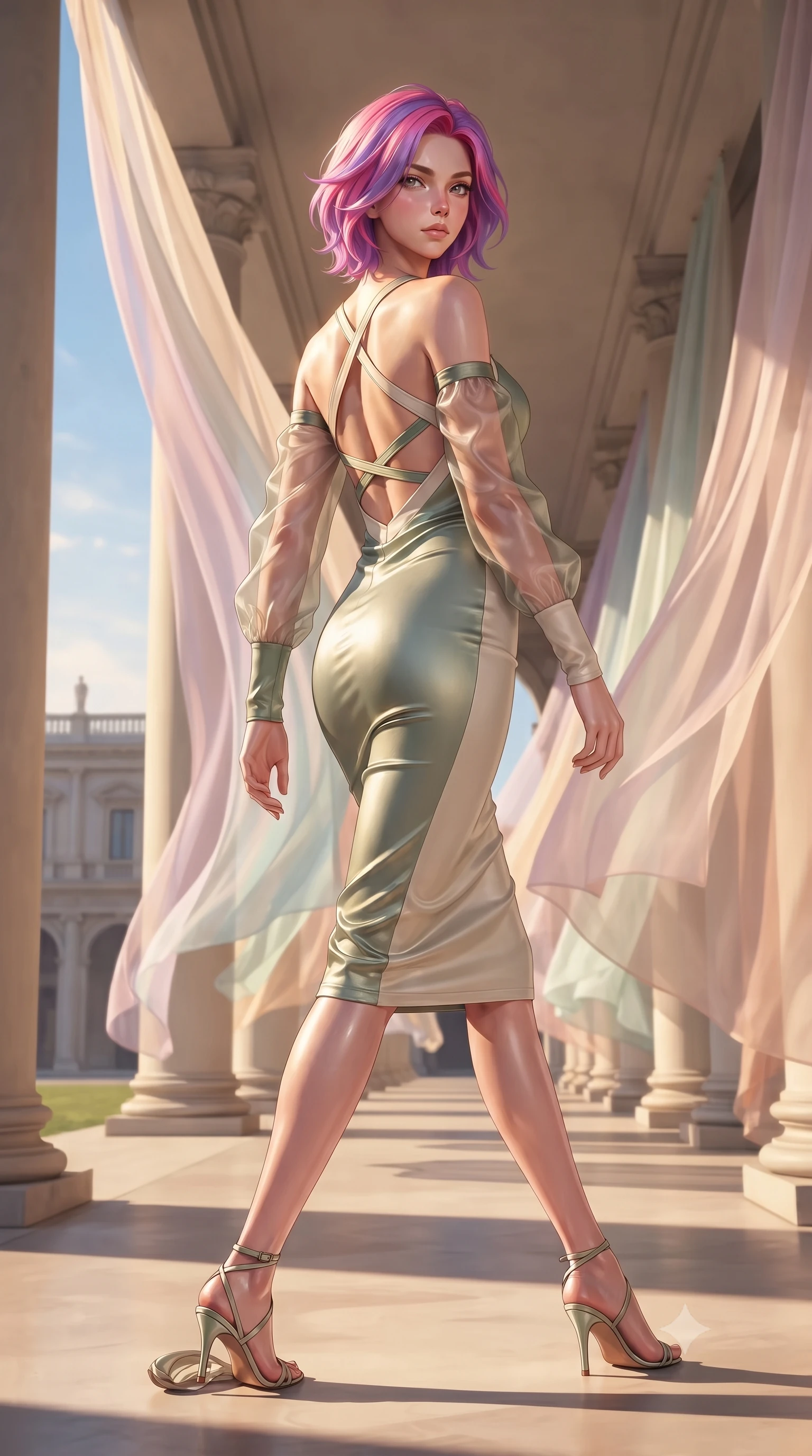 score_9, masterpiece, best quality, ultra-detailed, high-budget anime keyframe, editorial fashion photography, tasteful artistic composition, Caucasian woman. low angle full-body shot from head to toe showing her feet, filling the entire 9:16 vertical frame with her statuesque presence, stretching her vertical silhouette. forging dynamically through the scene, her vertical silhouette beautifully stretched walking through an open-air colonnade with billowing silk gossamer curtains, translucent silk curtains drifting lazily in a warm sky breeze. She has an absolutely perfect, statuesque 8.5-heads proportion, an exceptionally tall and slender model-like female figure with impossibly long slender legs and an ultra-slim waist. sharp v-shaped jawline, high-bridge nose, intricate jewel-like eyes with depth, thick eyelashes, glossy lips with a natural sheen. wearing a sleek bodycon knit dress with sheer organza sleeve panels in sage green and oatmeal, crafted from lustrous satin jersey with fluid draping, complemented by criss-cross back straps highlighting her bare shoulders, the tailored fabric tightly following every curve of her athletic build. surrounded by a bright, luxurious aura of warm sunshine and sky reflections. ultra-reflective glossy finish, specular highlights, metallic sheen, high-contrast stereoscopic depth, volumetric dynamic lighting, 2k, ultra detail, master piece, 9:16 ratio