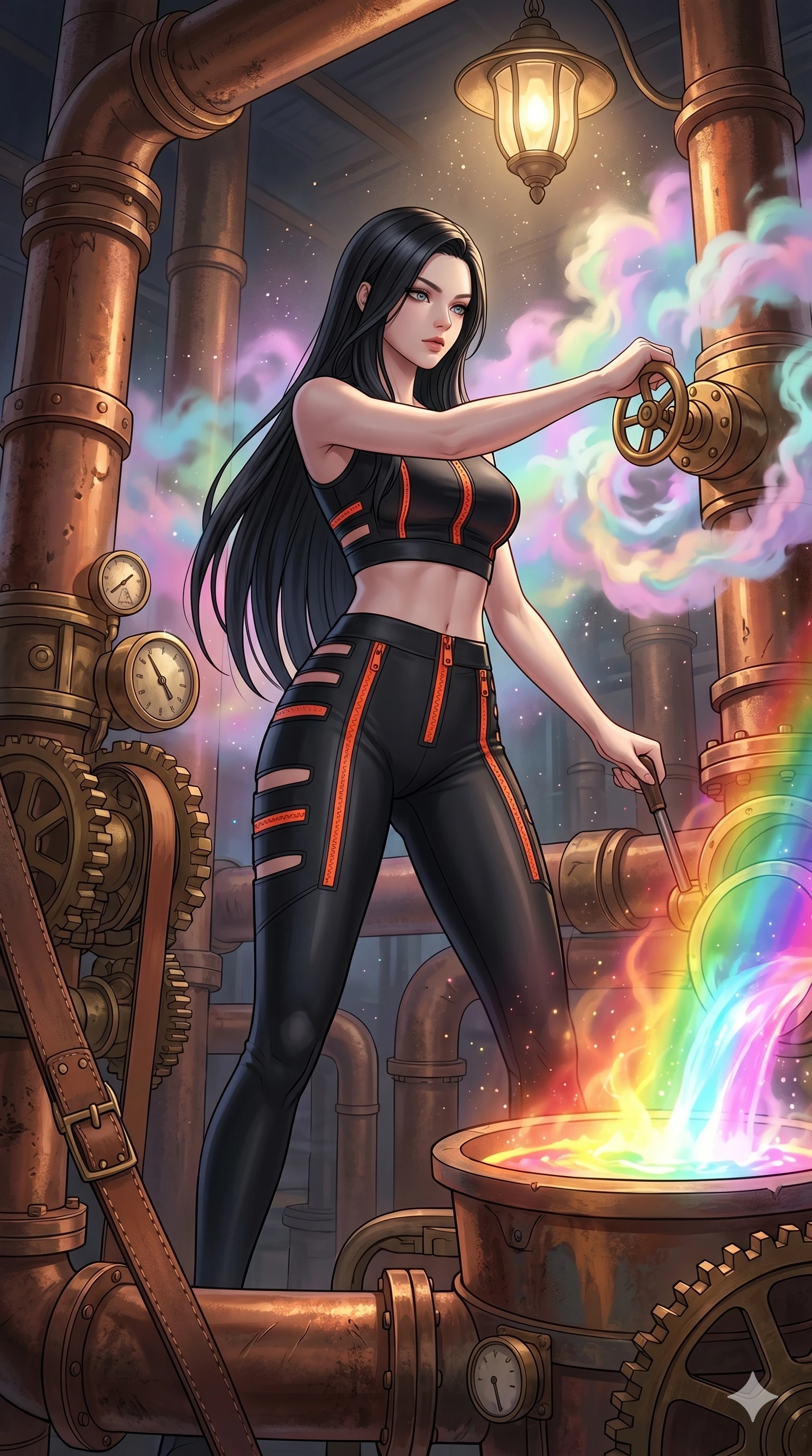 score_9, masterpiece, best quality, ultra-detailed, high-budget anime keyframe, Korean woman. low angle full-body shot filling the entire 9:16 frame with her statuesque presence, stretching the vertical silhouette. operating a steampunk aurora foundry surrounded by massive copper pipes and leather belts, where pastel aurora gas billows from valves and liquid rainbow energy boils in a crucible. She has an absolutely perfect 8-heads proportion, an exceptionally tall and slender female figure with impossibly long slender legs and an ultra-slim waist. V-shaped jawline, high-bridge nose, intricate jewel-like eyes with depth, thick eyelashes, glossy lips with a natural sheen.. wearing a second-skin neoprene cyber-athleisure set, featuring a tight crop top and leggings with fluorescent orange zipper accents and side slash panels. illuminated by dramatic chiaroscuro casting soft shadows along her curves, with vibrant backlighting highlighting the dust particles. 2k, ultra detail, master piece, 9:16 ratio