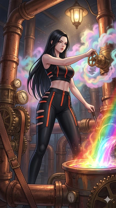 score_9, masterpiece, best quality, ultra-detailed, high-budget anime keyframe, Korean woman. low angle full-body shot filling the entire 9:16 frame with her statuesque presence, stretching the vertical silhouette. operating a steampunk aurora foundr