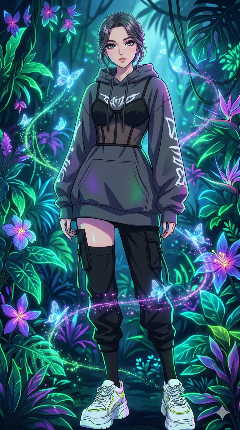 score_9, masterpiece, best quality, ultra-detailed, High-budget Anime Keyframe, vibrant colors, fluid line-art, expressive lighting, cinematic composition, Ufotable-style visual effects, top-tier animation quality, Japanese woman with delicate and elegant anime-inspired features. Upper body close-up from the thighs up, character filling the screen for maximum presence. Surrounded by a swarm of digital butterflies that leave trails of neon dust. She has an absolutely perfect 8-heads proportion, an exceptionally tall and slender female figure with impossibly long slender legs and an ultra-slim waist, her statuesque height and towering silhouette dominating the vertical 9:16 frame. Her face is a masterpiece featuring a sharp v-shaped jawline, high-bridge nose, intricate jewel-like eyes with depth, thick eyelashes, and glossy lips with a natural sheen. She is wearing a Oversized designer hoodie worn as a dress, paired with technical cargo joggers, a sheer corset top, and platform sneakers with knee-high socks.. The scene is set in a bioluminescent jungle where every leaf and flower glows with a unique frequency. 2k, ultra detail, master piece, 9:16 ratio