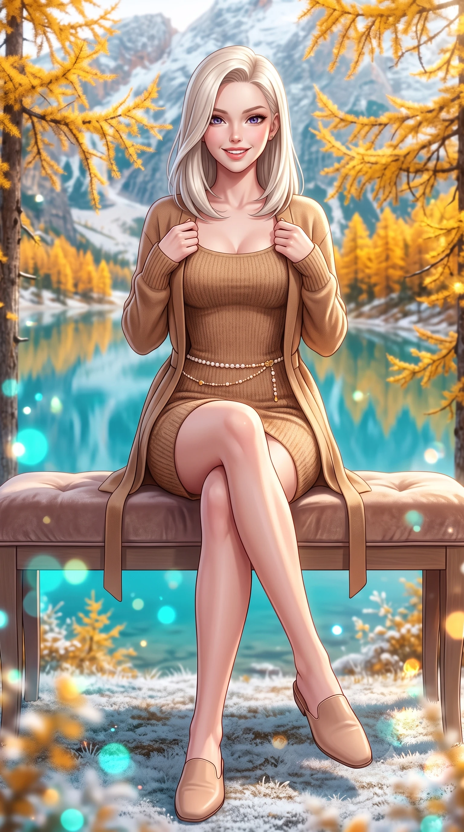 score_9, masterpiece, best quality, ultra-detailed, high-budget anime keyframe, semi-realistic 3D game render, editorial fashion photography, tasteful artistic composition, Caucasian woman. low angle full-body shot from head to toe showing her feet, filling the entire 9:16 vertical frame with her statuesque presence, stretching her vertical silhouette. sitting gracefully on the plush bench with legs crossed and angled toward the camera, highlighting her long slender limbs and hourglass waist while pausing beneath a stand of brilliant golden larch trees reflecting in the turquoise water, holding her coat lapels with refined elegance. The background shows a soft-focus mirror-like turquoise lake reflecting snow peaks, blazing golden needle larch trees, and early morning shoreline frost blurred into turquoise, marigold, and frost white bokeh. She has an exceptionally tall and slender model-like 8.5-heads proportion, an ultra-slim waist, a flat toned midriff, narrow delicate ribcage, and beautifully sculpted feminine hips creating a graceful, slim hourglass silhouette without any bulky heaviness, with impossibly long slender legs. sharp v-shaped jawline, high-bridge nose, intricate jewel-like sparkling eyes with depth, thick eyelashes, glossy parted lips with a natural peach sheen, bright cheerful beaming smile with an enchanting and coquettish sensual glint, exuding both youthful cute charm and seductive allure, flawlessly proportioned anatomical accuracy, strict slender model proportions, natural body alignment, perfectly sculpted long slender limbs, ultra-slim waistline, clean dynamic posture without body distortion. wearing a form-fitting plush chenille knit bodycon dress hugging her torso and hips, layered with a belted open wool cardigan in Saint-Germain camel wool and warm espresso, crafted from liquid-tight stretch cashmere knit clinging flawlessly to every curve with silky softness, accented with a dainty pearl waist chain catching the ambient sunlight across her sculpted waistline, the snug waist-cinching tailoring accentuating her ultra-slim waistline and the enchanting curve of her feminine hips with alluring seductive charm. illuminated by frosted ground bounce and sharp crystalline rim lights defining her features, narrow waist, and statuesque height. highly saturated vibrant anime colors, detailed shading with soft gradients, rich glossy textures, high-contrast stereoscopic depth, volumetric dynamic lighting, master piece, 9:16 ratio