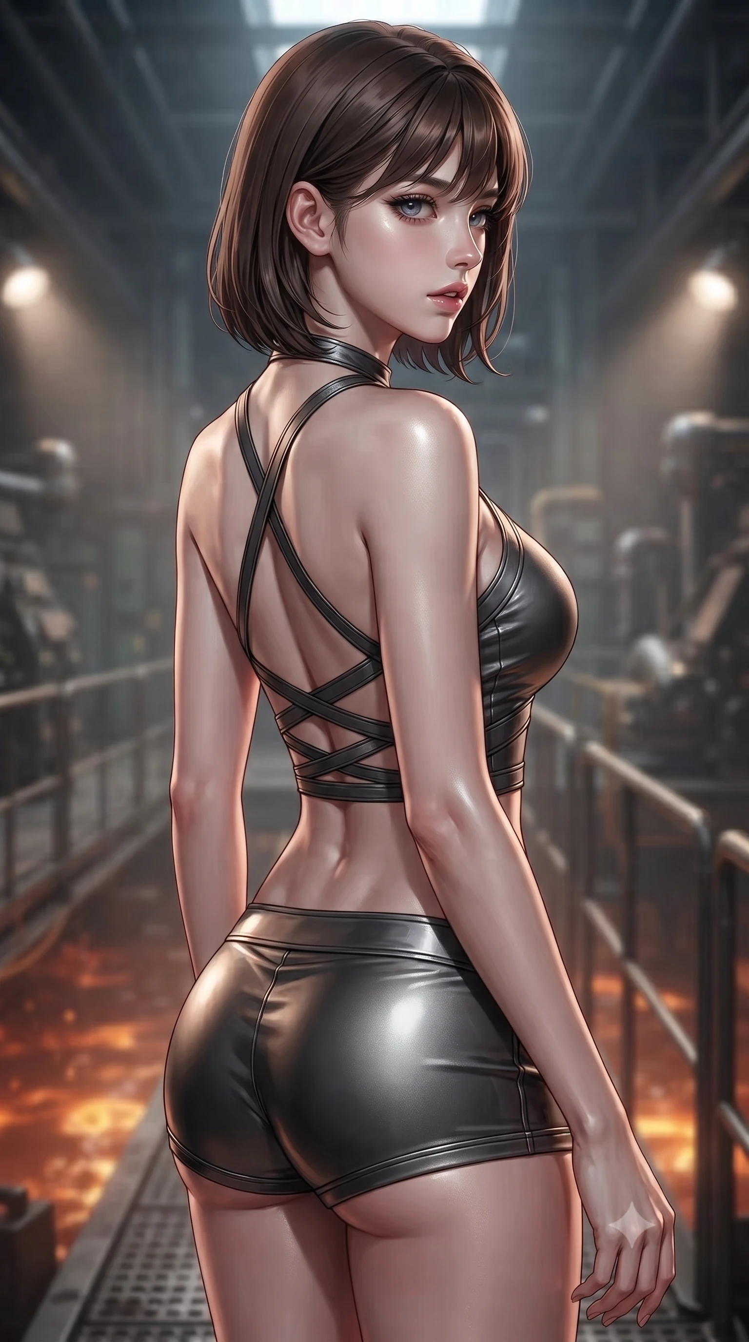 score_9, masterpiece, best quality, ultra-detailed, high-budget anime keyframe, editorial fashion photography, tasteful artistic composition, Korean woman. close-up cowboy shot from the waist and thighs up, the character dominates the composition, filling the frame with her large presence, background elements kept in soft focus. turning her face in profile to look over her shoulder, casting a smoldering side gaze with lips slightly parted, the background shows a soft-focus an engine assembly catwalk suspended over a boiling oil pool in a bunker. She has an exceptionally elegant, slender, and willowy female figure with an ultra-slim waist, a gracefully sculpted slender torso, and a refined silhouette. sharp v-shaped jawline, high-bridge nose, intricate jewel-like eyes with depth, thick eyelashes, glossy lips with a natural sheen. wearing a body-hugging backless halter-neck combat top with criss-cross strapping, paired with carbon-alloy micro-shorts. focused halogen spotlights casting sharp, detailed shadows across her build. ultra-reflective glossy finish, specular highlights, metallic sheen, high-contrast stereoscopic depth, volumetric dynamic lighting, 2k, ultra detail, master piece, 9:16 ratio