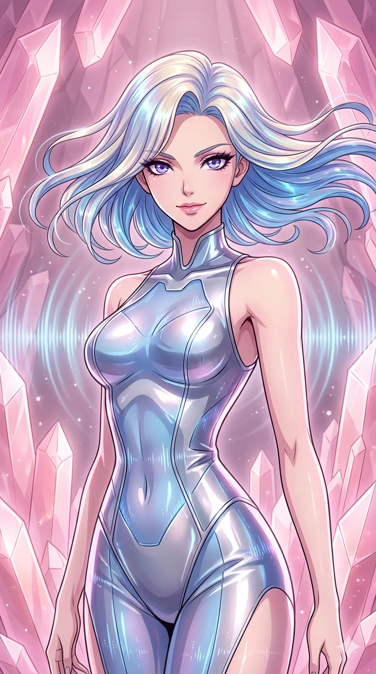 score_9, masterpiece, best quality, ultra-detailed, high-budget anime keyframe, an incredibly beautiful Caucasian woman (strictly human ears). Medium shot of upper body focusing on her alluring features and slim-fit silhouette, filling the vertical 9:16 frame. She is an entity of pure sound resonating in a crystal chamber. She has an absolutely perfect 8-heads proportion, an exceptionally tall and slender female figure with impossibly long slender legs and an ultra-slim waist. Her face is a highly detailed masterpiece featuring a sharp v-shaped jawline, high-bridge nose, intricate jewel-like eyes, thick eyelashes, and glossy lips. She is wearing a high-cut metallic dress that vibrates with energy. A cave made of perfectly symmetrical quartz crystals, glowing with a soft pink hue., 2k, ultra detail, master piece, 9:16 ratio