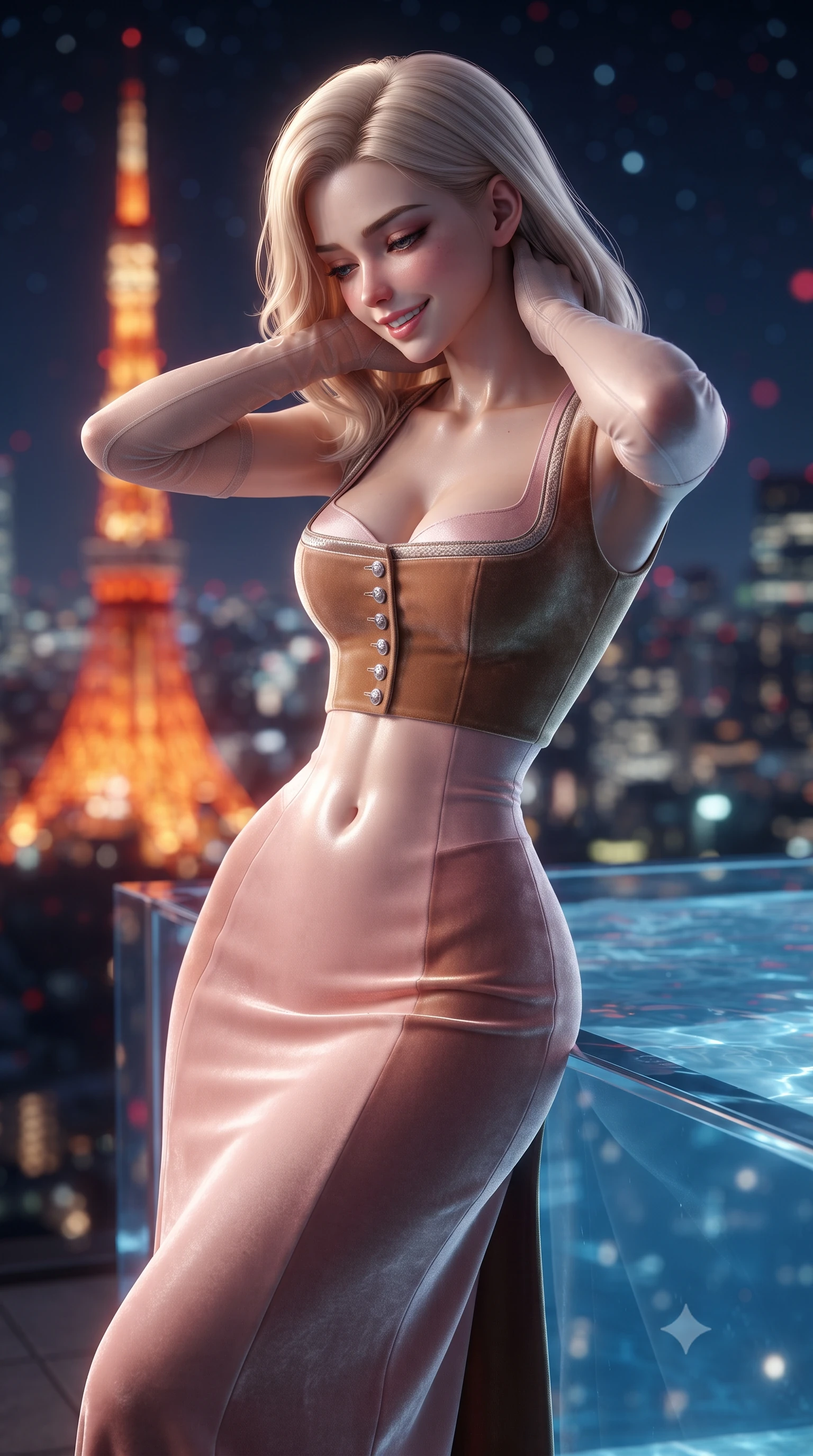 score_9, masterpiece, best quality, ultra-detailed, high-budget anime keyframe, editorial fashion photography, tasteful artistic composition, Caucasian woman. close-up cowboy shot from the waist and thighs up, the character dominates the composition, filling the frame with her large presence. resting both hands lightly behind her neck with elbows raised, arching her spine to highlight her narrow waist, flat midriff, and breathtaking collarbones while leaning against the acrylic infinity pool edge with hips cocked back, looking down at the glittering Tokyo metropolis with heavy-lidded bedroom-eyes. The background shows a soft-focus iconic glowing orange and red lattice of Tokyo Tower, endless carpet of glittering Tokyo skyscrapers, and starry midnight sky blurred into crimson, topaz, and sapphire bokeh. She has an exceptionally elegant, slender, and willowy female figure with an ultra-slim waist, flat toned midriff, narrow ribcage, and sculpted feminine hips creating an alluring, slim hourglass silhouette without bulk. sharp v-shaped jawline, high-bridge nose, intricate jewel-like sparkling eyes with depth, thick eyelashes, glossy parted lips with a natural peach sheen, bright cheerful beaming smile with an enchanting and coquettish sensual glint, exuding both youthful cute charm and seductive allure, flawlessly proportioned anatomical accuracy, strict slender model proportions, natural body alignment, perfectly sculpted long slender limbs, ultra-slim waistline, clean dynamic posture without body distortion. wearing a regal Bavarian Alpine velvet dirndl-inspired tailored evening gown with delicate silver heraldic buttons in rose-quartz blush and antique burnished brass, tailored from ultra-plush silk velvet with rich tactile depth and deep shadow gradients, complemented by sheer opera-length evening gloves tracing her slender arms, the bespoke structured tailoring following the natural line of her 8.5-heads silhouette with refined elegance. illuminated by pool surface specular bounce and sharp ruby-and-platinum dual rim lights defining her dewy collarbones, ultra-slim waist, and curvy hips. ultra-reflective glossy finish, specular highlights, rich textural contrasts, high-contrast stereoscopic depth, volumetric dynamic lighting, 2k, ultra detail, master piece, 9:16 ratio