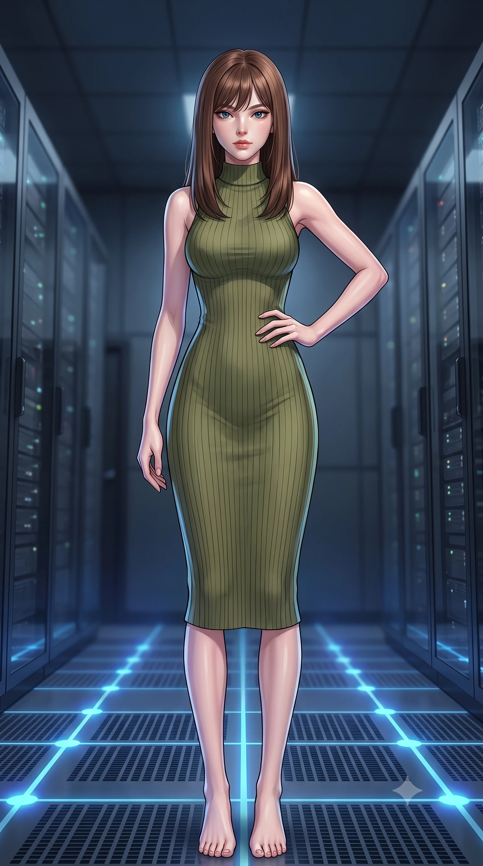 score_9, masterpiece, best quality, ultra-detailed, high-budget anime keyframe, tasteful artistic composition, Korean woman. low angle full-body shot from head to toe showing her feet, filling the entire 9:16 vertical frame with her statuesque presence, stretching her vertical silhouette. posing confidently with one hand on her hip, stretching her statuesque body to emphasize her curves the background shows a soft-focus a secret database archives room with pulsing blue floor lights and glass servers. She has an absolutely perfect, statuesque 8.5-heads proportion, an exceptionally tall and slender model-like female figure with impossibly long slender legs and an ultra-slim waist. sharp v-shaped jawline, high-bridge nose, intricate jewel-like eyes with depth, thick eyelashes, glossy lips with a natural sheen. wearing a slim-fit form-contouring ribbed knit bodycon midi dress in olive green, tracing her slender silhouette with a high neck. soft blue uplighting reflecting off her polished silhouette. highly saturated vibrant anime colors, cel-shading, 2d style, master piece, 9:16 ratio
