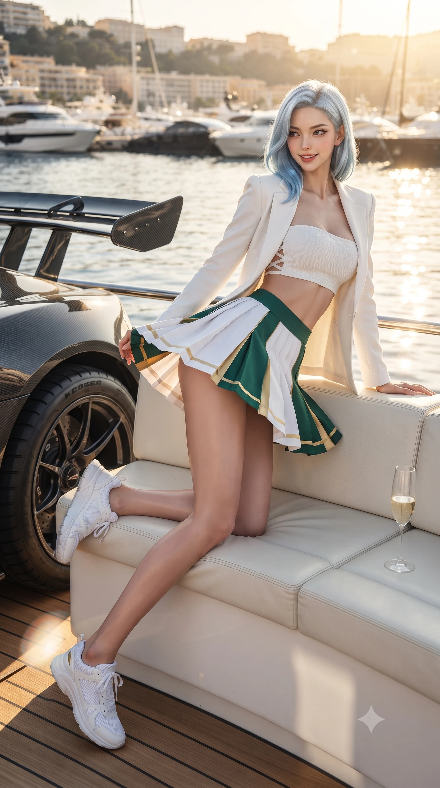 score_9, masterpiece, best quality, ultra-detailed, high-budget anime keyframe, editorial fashion photography, tasteful artistic composition, Korean woman. low angle full-body shot from head to toe showing her feet, filling the entire 9:16 vertical frame with her statuesque presence, stretching her vertical silhouette. executing an athletic pivot turn as her pleated tennis skirt flutters around her slender legs, glancing over her shoulder with an intoxicating, teasing bedroom-gaze while lounging gracefully on an outdoor white leather banquette propped on one elbow, her flat midriff and long slender legs commanding the glamorous Grand Prix vista. The surrounding environment is rendered in vivid detail and crisp panoramic clarity: sharp carbon-fiber hypercar wing weave, tire tread grooves, and champagne glass crystal clarity in deep focus. She has an absolutely perfect, statuesque 8.5-heads proportion, an exceptionally tall and slender model-like female figure with impossibly long slender legs, an ultra-slim waist, a flat toned midriff, narrow delicate ribcage, and beautifully sculpted feminine hips creating a graceful, slim hourglass silhouette without any bulky heaviness. sharp v-shaped jawline, high-bridge nose, sparkling eyes with athletic focus and depth, thick curled eyelashes, glossy parted lips with a natural coral-peach sheen, bright confident and coquettish smile with alluring bedroom-eyes, exuding both youthful sporty vigor and sovereign high-society glamour, flawlessly proportioned anatomical accuracy, strict slender model proportions, natural body alignment, perfectly sculpted long slender limbs, ultra-slim waistline, clean dynamic posture without body distortion. wearing a tailored white blazer worn open over a plunging racing bandeau top and pleated tennis micro-skirt in crisp Wimbledon white and British racing green with gold accents, made of second-skin technical compression piqué knit with moisture-wicking stretch, finished with criss-cross back athletic straps highlighting her graceful shoulder blades, the precision-cut side openings and low-back scoop framing her graceful spine and the sensual sweep of her slim, athletic hips. bathed in brilliant Mediterranean golden hour sunlight streaming across the harbor. ultra-reflective glossy finish, specular highlights, rich textural contrasts, high-contrast stereoscopic depth, volumetric dynamic lighting, 2k, ultra detail, master piece, 9:16 ratio