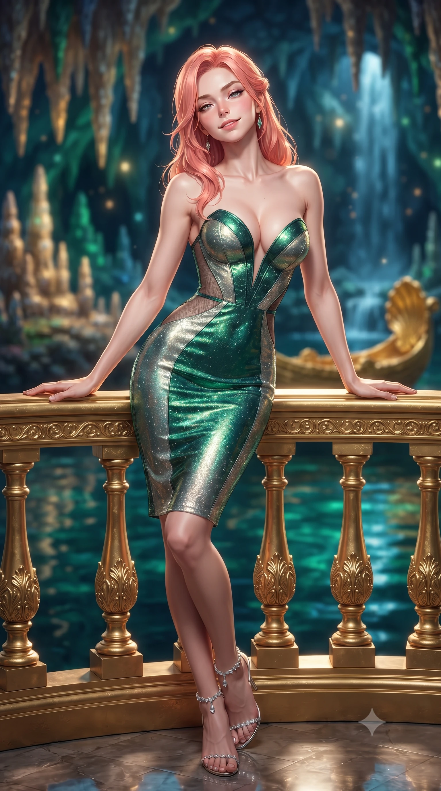score_9, masterpiece, best quality, ultra-detailed, high-budget anime keyframe, editorial fashion photography, tasteful artistic composition, Japanese woman. close-up cowboy shot from the waist and thighs up, the character dominates the composition, filling the frame with her large presence. leaning back against the balustrade with relaxed seductive grace, head tilted back slightly while casting a hypnotic, heavy-lidded gaze while leaning against the ornate gilded golden shell boat with hips cocked back, looking across emerald underground waters with intoxicating bedroom-eyes. The background shows a soft-focus illuminated artificial stalactites and stalagmites glowing with dynamic colored lighting, gilded golden shell boat, and subterranean waterfall blurred into sapphire, emerald, and gold bokeh. She has an exceptionally elegant, slender, and willowy female figure with an ultra-slim waist, flat toned midriff, narrow ribcage, and sculpted feminine hips creating an alluring, slim hourglass silhouette without bulk. sharp v-shaped jawline, high-bridge nose, intricate jewel-like sparkling eyes with depth, thick eyelashes, glossy parted lips with a natural peach sheen, bright cheerful beaming smile with an enchanting and coquettish sensual glint, exuding both youthful cute charm and seductive allure, flawlessly proportioned anatomical accuracy, strict slender model proportions, natural body alignment, perfectly sculpted long slender limbs, ultra-slim waistline, clean dynamic posture without body distortion. wearing an alluring plunging sweetheart bustier dress with sheer mesh side-waist cutouts contouring her ribs in Art Nouveau malachite green and antique starlight silver, crafted from stretch micro-mesh with liquid foil coating that shimmers with every movement, complemented by strappy stiletto sandals with crystal ankle wraps accentuating her slender calves, the liquid-tight tailored fabric clinging flawlessly to her narrow waist and rounded feminine hips, emphasizing every millimeter of her sculpted slim hourglass curves without any bulky heaviness. bathed in the magical theatrical 3500K sapphire-and-emerald electric arc illumination designed for King Ludwig II's private opera performances. ultra-reflective glossy finish, specular highlights, rich textural contrasts, high-contrast stereoscopic depth, volumetric dynamic lighting, 2k, ultra detail, master piece, 9:16 ratio