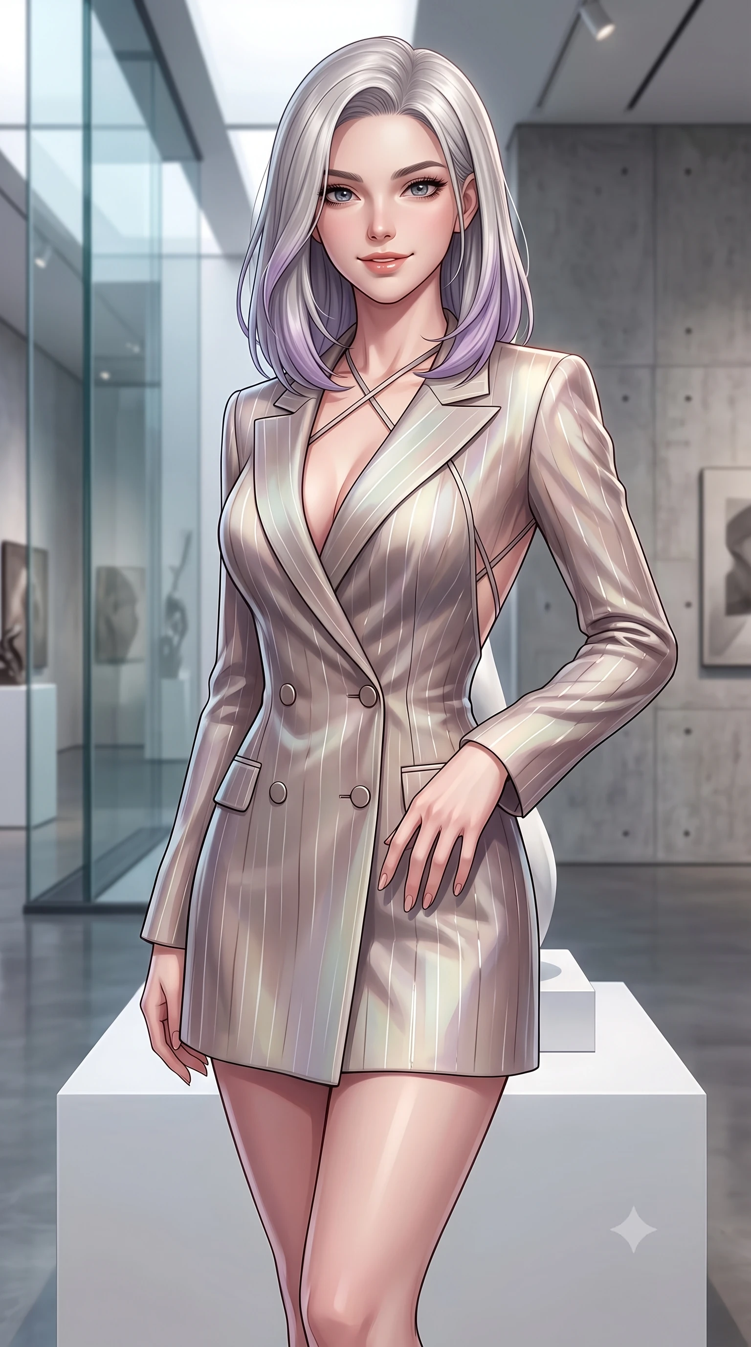 score_9, masterpiece, best quality, ultra-detailed, high-budget anime keyframe, editorial fashion photography, tasteful artistic composition, Caucasian woman. close-up cowboy shot from the waist and thighs up, the character dominates the composition, filling the frame with her large presence, background elements kept in soft focus. Smiling with quiet, magnetic self-assurance directly into the lens poised atop a sleek white sculpture pedestal inside a high-fashion museum, sleek glass and polished concrete surfaces highlighting her statuesque form. She has an exceptionally elegant, slender, and willowy female figure with an ultra-slim waist, a gracefully sculpted slender torso, and a refined silhouette. sharp v-shaped jawline, high-bridge nose, intricate jewel-like eyes with depth, thick eyelashes, glossy lips with a natural sheen. wearing a double-breasted blazer dress with metallic pin-stripes in muted taupe and soft ivory, crafted from iridescent chiffon that shifts colors in the light, complemented by criss-cross back straps highlighting her bare shoulders, the sleek second-skin texture accentuating her magnetic presence. surrounded by a sophisticated, high-fashion gallery illumination. highly saturated vibrant anime colors, detailed shading with soft gradients, rich glossy textures, high-contrast stereoscopic depth, volumetric dynamic lighting, master piece, 9:16 ratio