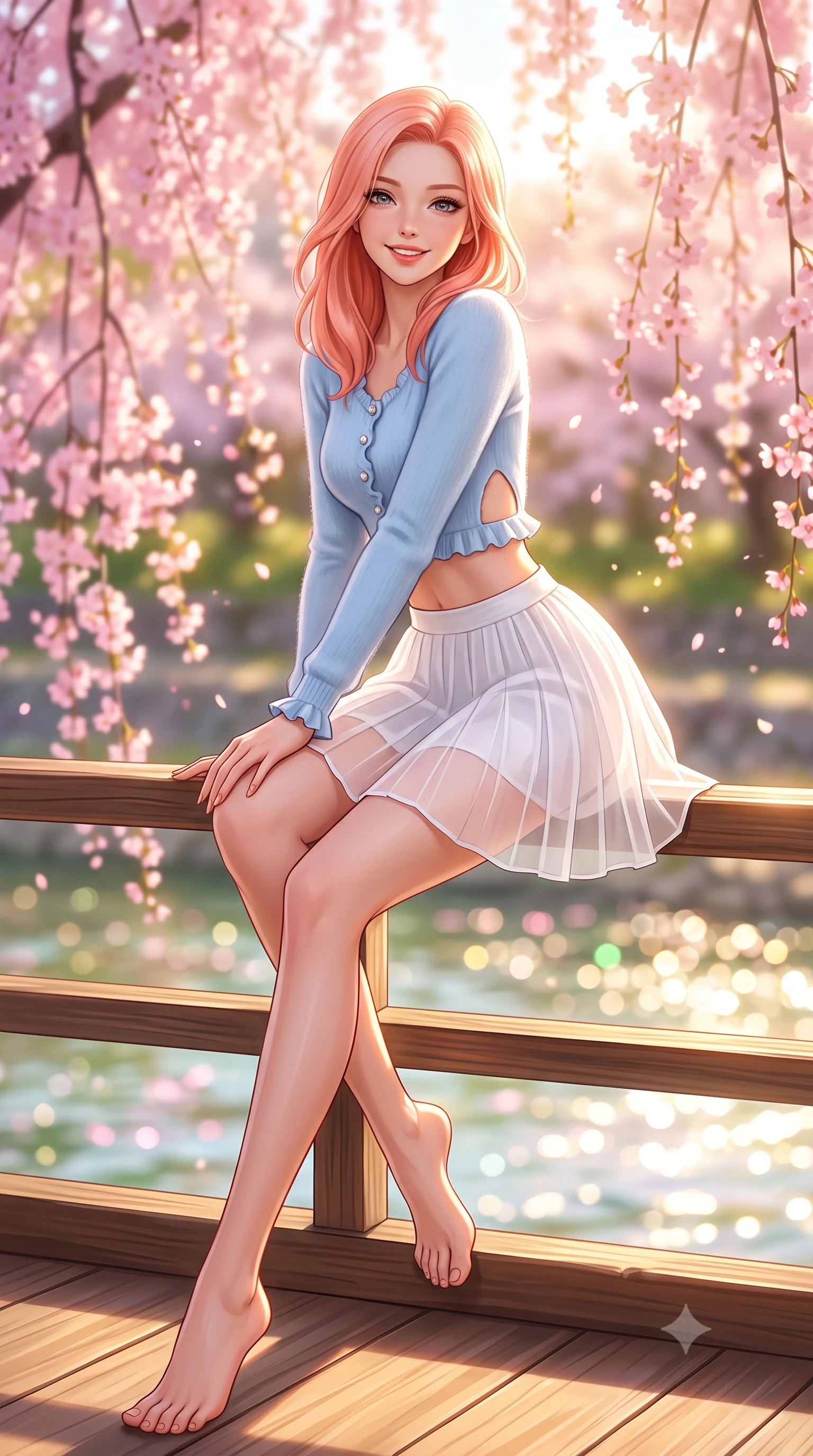 score_9, masterpiece, best quality, ultra-detailed, high-budget anime keyframe, semi-realistic 3D game render, editorial fashion photography, tasteful artistic composition, Japanese woman. low angle full-body shot from head to toe showing her feet, filling the entire 9:16 vertical frame with her statuesque presence, stretching her vertical silhouette. sitting perched on the elevated edge with legs crossed and hips angled toward the camera, displaying her toned midriff and long slender limbs with a joyful, coquettish smile while standing poised on the sun-warmed wooden veranda, twisting her slender torso in an alluring S-curve in the gentle spring river breeze. The composition keeps background elements in soft focus with dreamy creamy bokeh. cascading pink weeping cherry blossoms and glittering Kamogawa river waters blurred into soft sakura-pink, gold, and spring-green bokeh. She has an exceptionally tall and slender model-like 8.5-heads proportion, an ultra-slim waist, a flat toned midriff, narrow delicate ribcage, and beautifully sculpted feminine hips creating a graceful, slim hourglass silhouette without any bulky heaviness, with impossibly long slender legs. sharp v-shaped jawline, high-bridge nose, intricate jewel-like sparkling eyes with depth, thick eyelashes, glossy parted lips with a natural peach sheen, bright cheerful beaming smile with an enchanting and coquettish sensual glint, exuding both youthful cute charm and seductive allure, flawlessly proportioned anatomical accuracy, strict slender model proportions, natural body alignment, perfectly sculpted long slender limbs, ultra-slim waistline, clean dynamic posture without body distortion. wearing a soft angora crop knit sweater with a sheer pleated organza mini skirt over an opaque silk slip in soft baby blue and crisp cloud white, crafted from soft cozy cashmere yarn with an airy drape, finished with subtle ruffle trims and delicate pearl buttons, the precision-cut side openings and low-back scoop framing her graceful spine and the sensual sweep of her slim, toned hips. bathed in bright morning sunbeams and warm golden sakura backlighting. highly saturated vibrant anime colors, detailed shading with soft gradients, rich glossy textures, high-contrast stereoscopic depth, volumetric dynamic lighting, master piece, 9:16 ratio