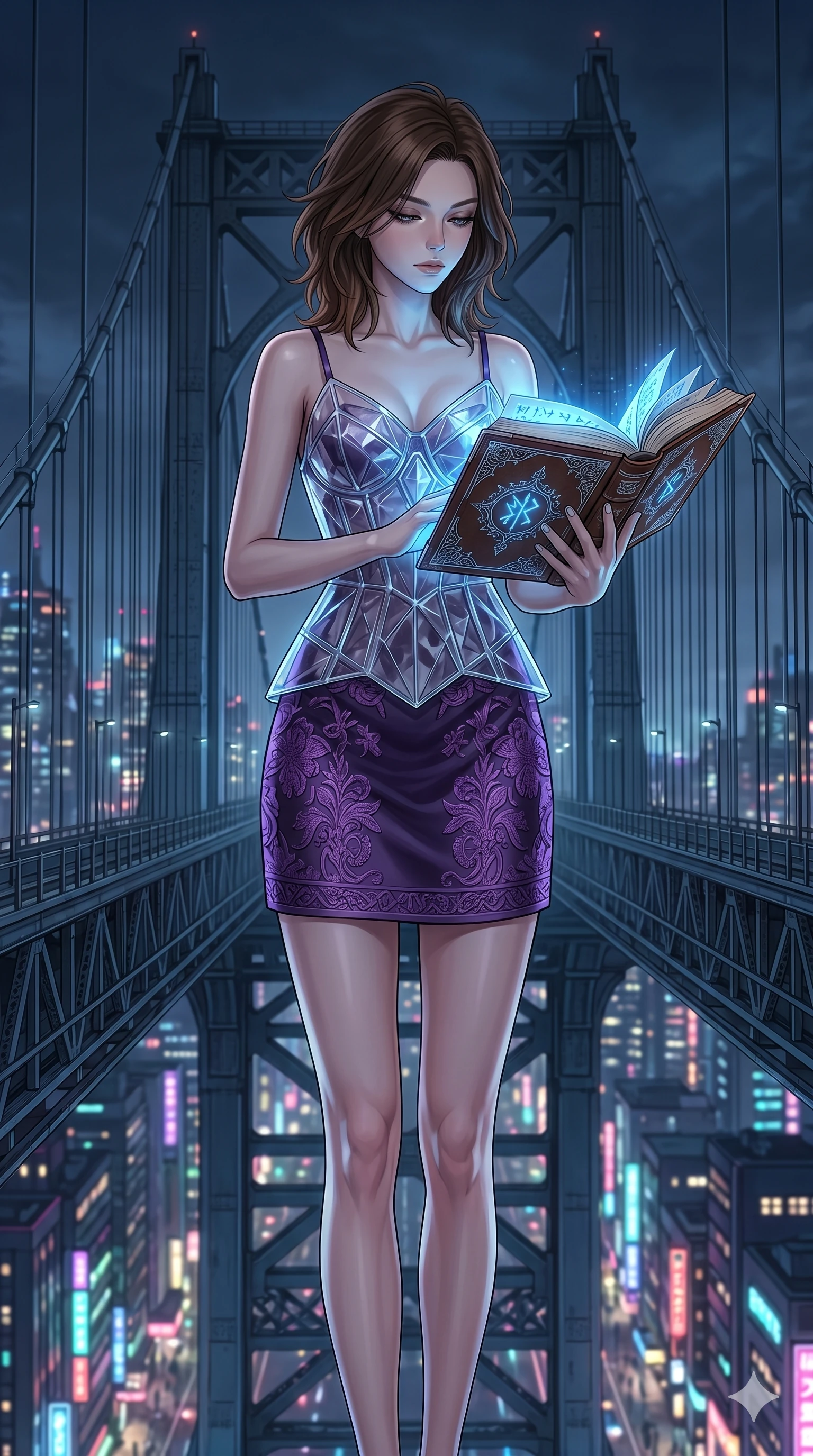 score_9, masterpiece, best quality, ultra-detailed, high-budget anime keyframe, editorial fashion photography, tasteful artistic composition, Korean woman. cowboy shot from the thighs up, character and outfit filling the frame for maximum editorial presence. holding an open book, looking down in a composed gesture on a steel suspension bridge overlooking a sprawling neon city at night (Code-P18-164). She has an absolutely perfect 8-heads proportion, an exceptionally tall and slender female figure with impossibly long slender legs and an ultra-slim waist. V-shaped jawline, high-bridge nose, intricate jewel-like eyes with depth, thick eyelashes, glossy lips with a natural sheen. wearing a translucent structured bodice over a purple patterned embroidery slip dress. mystical blue light from the runes, casting a cool glowing highlight on her face. 2k, ultra detail, master piece, 9:16 ratio