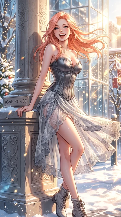 score_9, masterpiece, best quality, ultra-detailed, high-budget anime keyframe, vibrant anime aesthetic, Japanese woman. cowboy shot from the thighs up, character and outfit filling the frame for maximum presence. She is leaning against a stone pilla