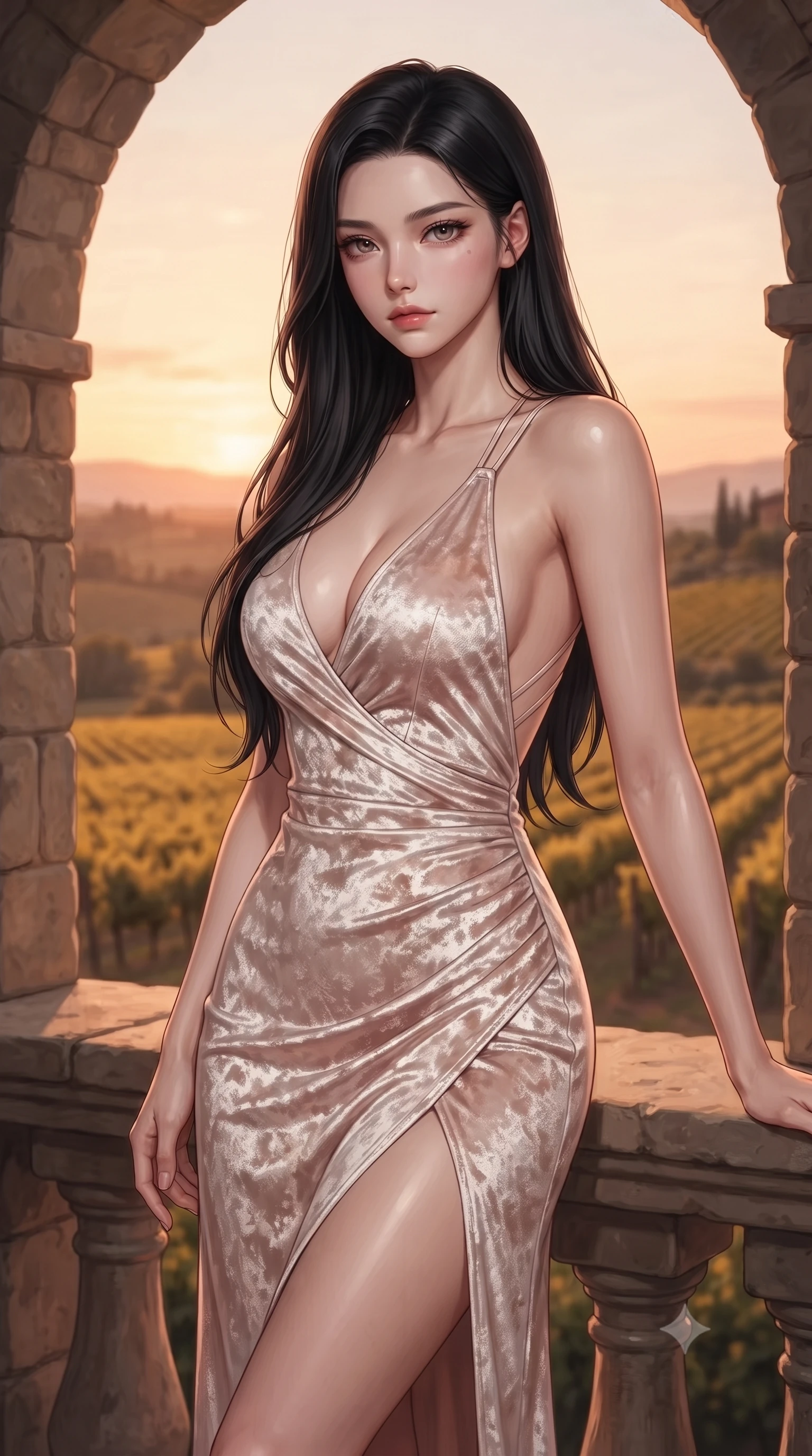 score_9, masterpiece, best quality, ultra-detailed, high-budget anime keyframe, editorial fashion photography, tasteful artistic composition, Korean woman. close-up cowboy shot from the waist and thighs up, the character dominates the composition, filling the frame with her large presence, background elements kept in soft focus. Leaning slightly forward with a composed, seductive gaze under soft glowing light looking out from an archway balcony over rolling golden Tuscan vineyards at dusk, warm golden evening light painting the horizon in peach and amber tones. She has an exceptionally elegant, slender, and willowy female figure with an ultra-slim waist, a gracefully sculpted slender torso, and a refined silhouette. sharp v-shaped jawline, high-bridge nose, intricate jewel-like eyes with depth, thick eyelashes, glossy lips with a natural sheen. wearing a backless crushed velvet gown with a deep V-neckline and high thigh slit in pearl white and rose gold, formed from sleek second-skin neoprene, complemented by criss-cross back straps highlighting her bare shoulders, the elegant draped fit framing her graceful clavicle and slender torso. illuminated by warm Tuscan sunset light with soft terracotta ambient glow. ultra-reflective glossy finish, specular highlights, metallic sheen, high-contrast stereoscopic depth, volumetric dynamic lighting, 2k, ultra detail, master piece, 9:16 ratio