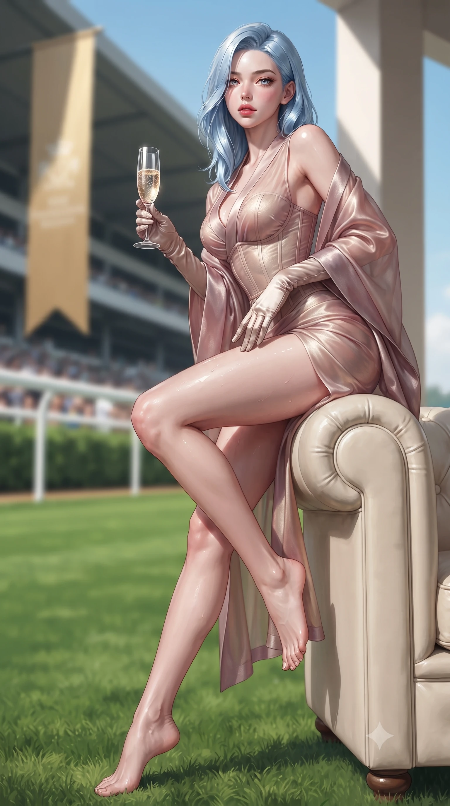 score_9, masterpiece, best quality, ultra-detailed, high-budget anime keyframe, editorial fashion photography, tasteful artistic composition, Korean woman. low angle full-body shot from head to toe showing her feet, filling the entire 9:16 vertical frame with her statuesque presence, stretching her vertical silhouette. leaning deep against the structural architecture with hips cocked in an unapologetically bold, seductive high-fashion stance while perching on the armrest of a plush cream leather lawn lounger with legs crossed, arching her lower back while holding a crystal champagne flute. The composition keeps background elements in soft focus with creamy bokeh. emerald green turf racetracks and towering grandstand banners blurred into vibrant clover, champagne-gold, and sky-blue bokeh. She has an exceptionally tall and slender model-like 8.5-heads proportion, an ultra-slim waist, a flat toned midriff, narrow delicate ribcage, and beautifully sculpted feminine hips creating a graceful, slim hourglass silhouette without any bulky heaviness, with impossibly long slender legs. sharp v-shaped jawline, high-bridge nose, intricate jewel-like eyes with depth, thick eyelashes, glossy parted lips with a natural sheen, intensely captivating and seductive bedroom-eyes expression, flawlessly proportioned anatomical accuracy, strict slender model proportions, natural body alignment, perfectly sculpted long slender limbs, ultra-slim waistline, clean dynamic posture without body distortion. wearing a delicate semi-translucent silk yukata that clings to her wet skin and curvy hip contours in dusky blush rose and shimmering champagne shimmer, made of fluid silk crepe with delicate inner corsetry boning, accessorized with opera-length satin gloves and a vintage crystal glass, the second-skin form-contouring cut accentuating her sculpted flat midriff, narrow delicate ribcage, and gracefully curvy hips with supermodel precision. surrounded by an untouchable, elite, and irresistibly prestigious equestrian heiress aura. ultra-reflective glossy finish, specular highlights, rich textural contrasts, high-contrast stereoscopic depth, volumetric dynamic lighting, 2k, ultra detail, master piece, 9:16 ratio