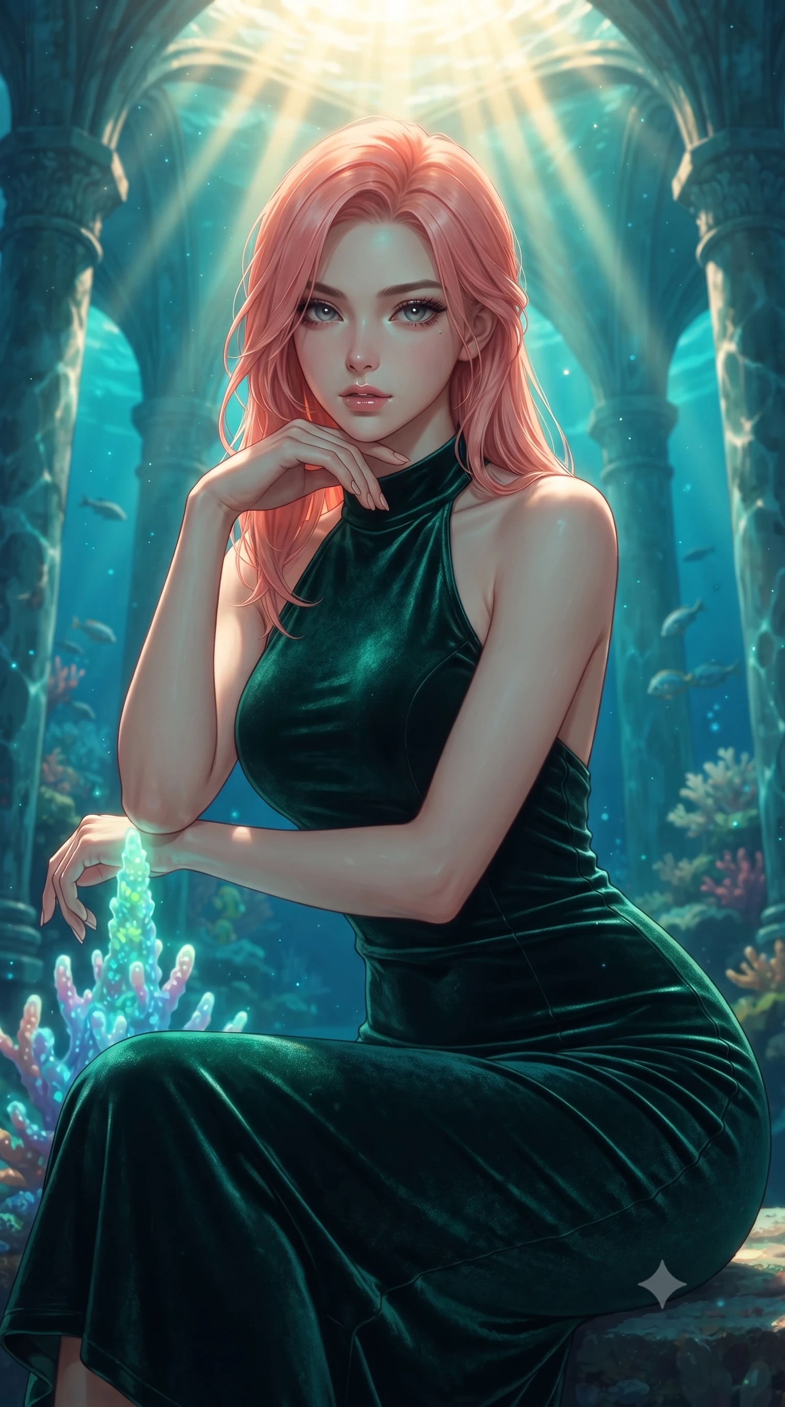 score_9, masterpiece, best quality, ultra-detailed, high-budget anime keyframe, editorial fashion photography, tasteful artistic composition, Japanese woman. close-up cowboy shot from the waist and thighs up, the character dominates the composition, filling the frame with her large presence, background elements kept in soft focus. Resting her chin on the backs of her fingers, casting a sharp, mysterious gaze touching a bioluminescent coral spire in a sun-drenched underwater cathedral, golden sunbeams penetrating deep turquoise water creating caustic light patterns. She has an exceptionally elegant, slender, and willowy female figure with an ultra-slim waist, a gracefully sculpted slender torso, and a refined silhouette. sharp v-shaped jawline, high-bridge nose, intricate jewel-like eyes with depth, thick eyelashes, glossy lips with a natural sheen. wearing a velvet halter-neck midi dress in deep emerald, following her form like a glove, the sleek second-skin texture accentuating her magnetic presence. bathed in brilliant underwater sunbeams and soft turquoise caustic glow. ultra-reflective glossy finish, specular highlights, metallic sheen, high-contrast stereoscopic depth, volumetric dynamic lighting, 2k, ultra detail, master piece, 9:16 ratio
