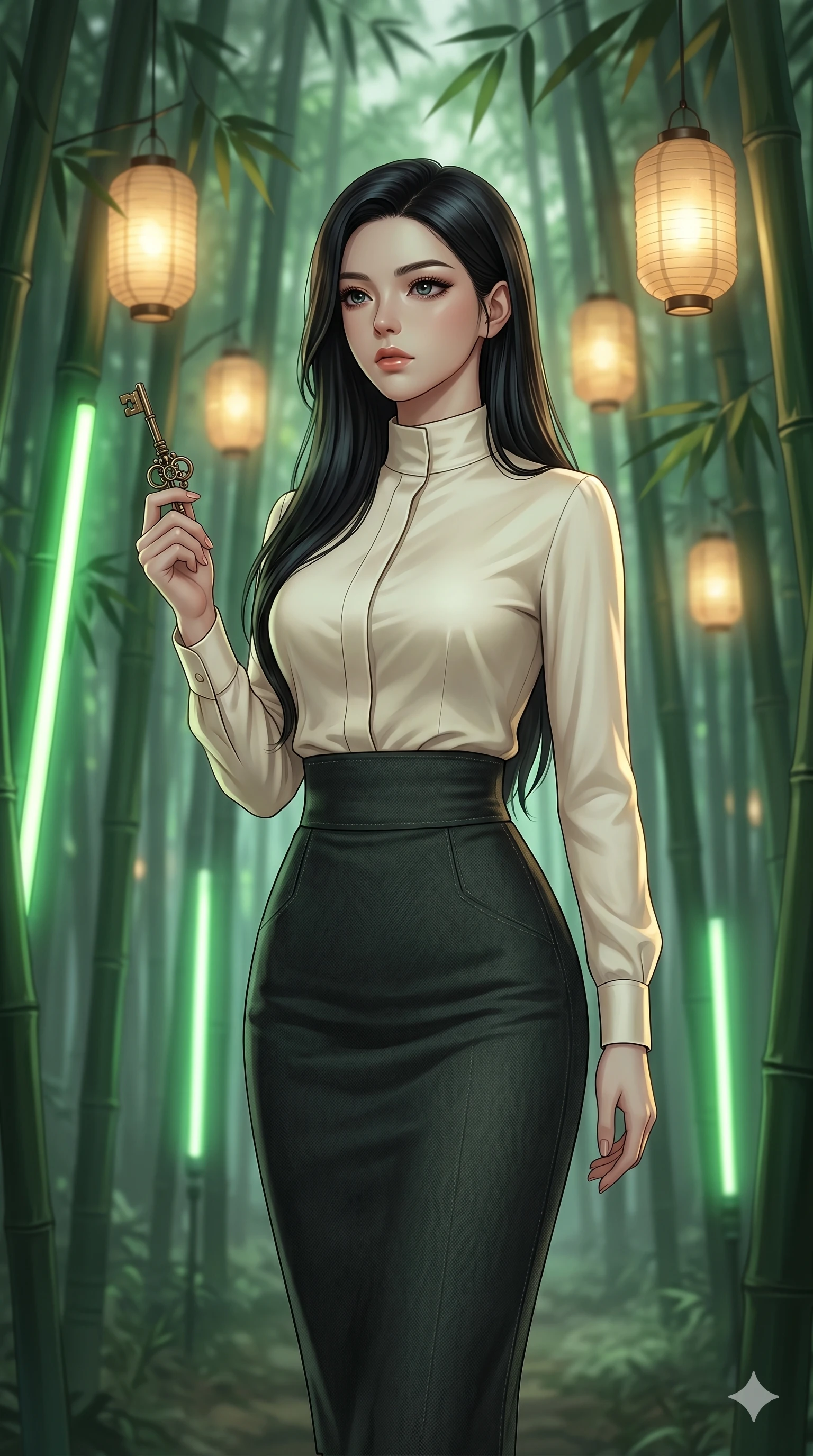 score_9, masterpiece, best quality, ultra-detailed, high-budget anime keyframe, editorial fashion photography, tasteful artistic composition, Korean woman. cowboy shot from the thighs up, character and outfit filling the frame for maximum editorial presence. holding a vintage clockwork key, looking past the camera with a thoughtful, focused expression inside a quiet bamboo forest with glowing green light rods (Code-P17-031). She has an absolutely perfect 8-heads proportion, an exceptionally tall and slender female figure with impossibly long slender legs and an ultra-slim waist. V-shaped jawline, high-bridge nose, intricate jewel-like eyes with depth, thick eyelashes, glossy lips with a natural sheen. wearing a high-neck tailored silk shirt under a structured high-waist wool skirt. warm golden light from the floating lanterns, tracing the elegant curves of her neck. 2k, ultra detail, master piece, 9:16 ratio