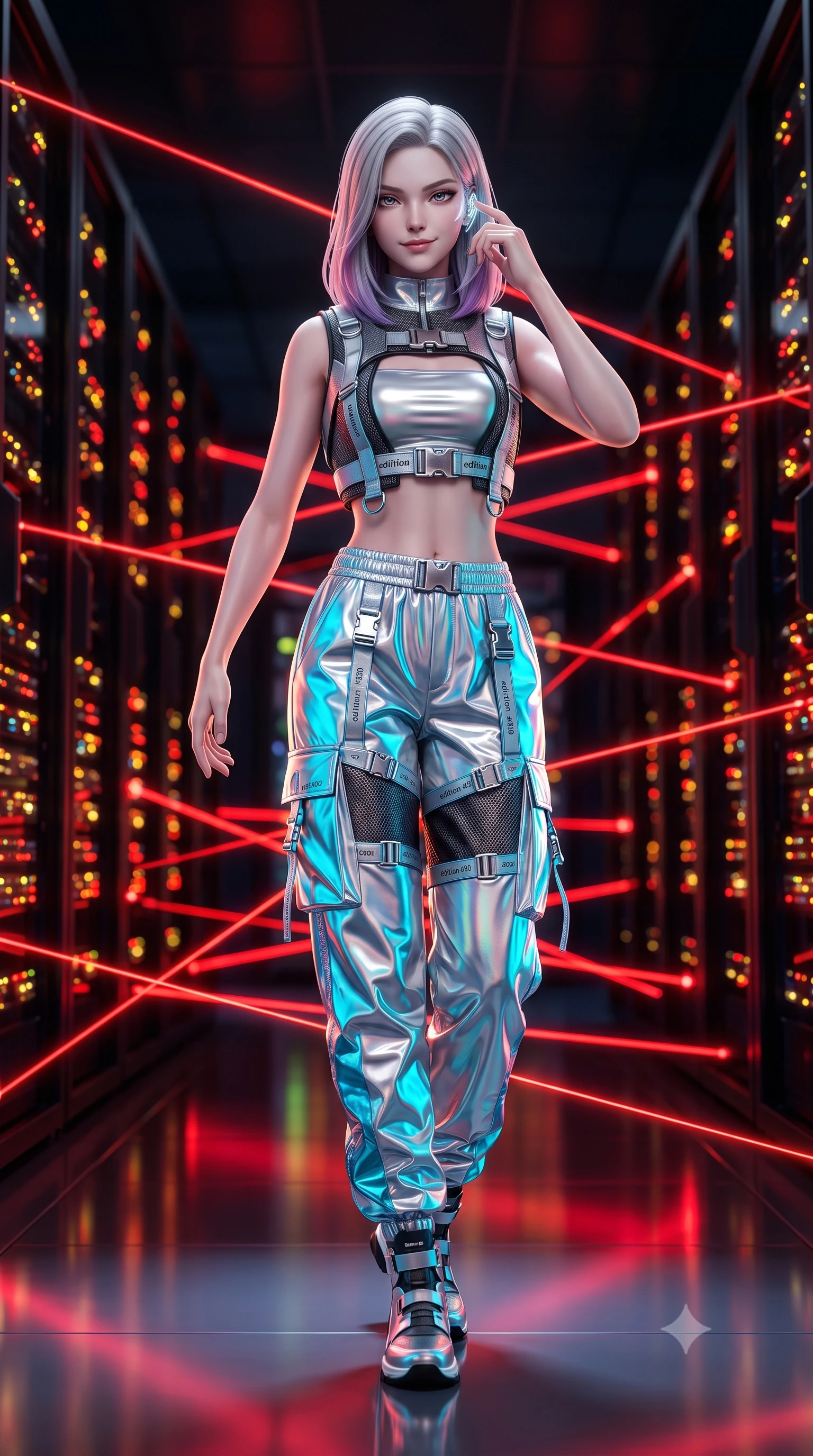 score_9, masterpiece, best quality, ultra-detailed, high-budget anime keyframe, semi-realistic 3D game render, editorial fashion photography, tasteful artistic composition, Caucasian woman. low angle full-body shot from head to toe showing her feet, filling the entire 9:16 vertical frame with her statuesque presence, stretching her vertical silhouette. executing an elegant mid-motion spin with effortless grace, her garments fluttering softly around her ultra-slim waistline while standing poised between narrow laser beam corridors, tapping her holographic earpiece with a cool, triumphant smirk. The composition keeps background elements in soft focus with creamy bokeh. endless glowing server rack indicator LEDs and intersecting red laser lines blurred into fiery crimson, amber, and obsidian bokeh. She has an absolutely perfect, statuesque 8.5-heads proportion, an exceptionally tall and slender model-like female figure with impossibly long slender legs, a toned flat midriff, and an ultra-slim waist. sharp v-shaped jawline, high-bridge nose, intricate jewel-like eyes with depth, thick eyelashes, glossy lips with a natural sheen, captivating and magnetic expression, flawlessly proportioned anatomical accuracy, strict slender model proportions, natural body alignment, perfectly sculpted long slender limbs, ultra-slim waistline, clean dynamic posture without body distortion. wearing a futuristic cropped tech-harness vest worn over a silver reflective tube top and high-rise metallic parachute cargo pants in holographic silver and electric cyan, crafted from high-gloss metallic ripstop nylon and flexible carbon mesh, detailed with heavy-duty chrome quick-release buckles and D-ring straps edition #30, the sleek tailored cut tightly hugging her graceful clavicle, narrow waist, and feminine curves with statuesque precision. illuminated by crisp directional rim lighting sharply carving her ultra-slim waist and sculpted silhouette. highly saturated vibrant anime colors, detailed shading with soft gradients, rich glossy textures, high-contrast stereoscopic depth, volumetric dynamic lighting, master piece, 9:16 ratio