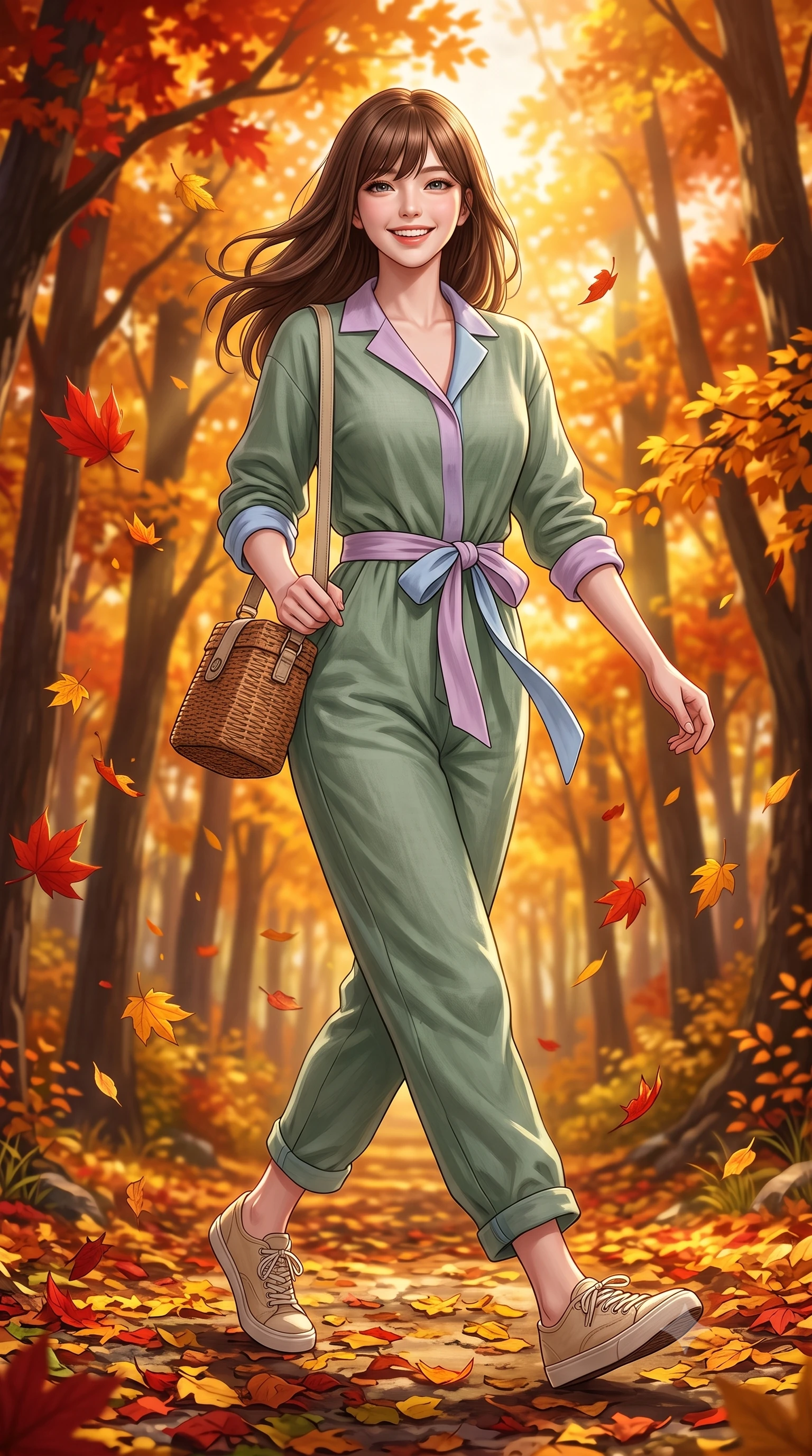 score_9, masterpiece, best quality, ultra-detailed, high-budget anime keyframe, semi-realistic 3D game render, editorial fashion photography, tasteful artistic composition, Korean woman. low angle full-body shot from head to toe showing her feet, filling the entire 9:16 vertical frame with her statuesque presence, stretching her vertical silhouette. walking forward in a cheerful, dynamic stride with a radiant beaming smile, her statuesque silhouette filling the frame while turning gracefully as falling scarlet and amber leaves swirl playfully around her tall, slender silhouette. The surrounding environment is rendered in vivid detail and crisp panoramic clarity. rich autumn chiaroscuro and breathtaking seasonal forest foliage captured with environmental precision. She has an absolutely perfect, statuesque 8.5-heads proportion, an exceptionally tall and slender model-like female figure with impossibly long slender legs, a toned flat midriff, and an ultra-slim waist. sharp v-shaped jawline, high-bridge nose, intricate jewel-like eyes with depth, thick eyelashes, glossy lips with a natural sheen, pure and lovely fresh girlhood expression, flawlessly proportioned anatomical accuracy, strict slender model proportions, natural body alignment, perfectly sculpted long slender limbs, ultra-slim waistline, clean dynamic posture without body distortion. wearing a relaxed sage green linen jumpsuit with a tied waist sash and folded collar in soft pastel lavender and delicate sky blue, made of comfortable premium stretch denim and airy cotton-jersey, accessorized with a rustic woven wicker bag and canvas strap, the soft airy drape swaying gracefully with her dynamic movements, emphasizing her tall willowy build and slim waistline. bathed in warm amber afternoon autumn sunlight filtering through glowing red and gold canopies. highly saturated vibrant anime colors, detailed shading with soft gradients, rich glossy textures, high-contrast stereoscopic depth, volumetric dynamic lighting, master piece, 9:16 ratio
