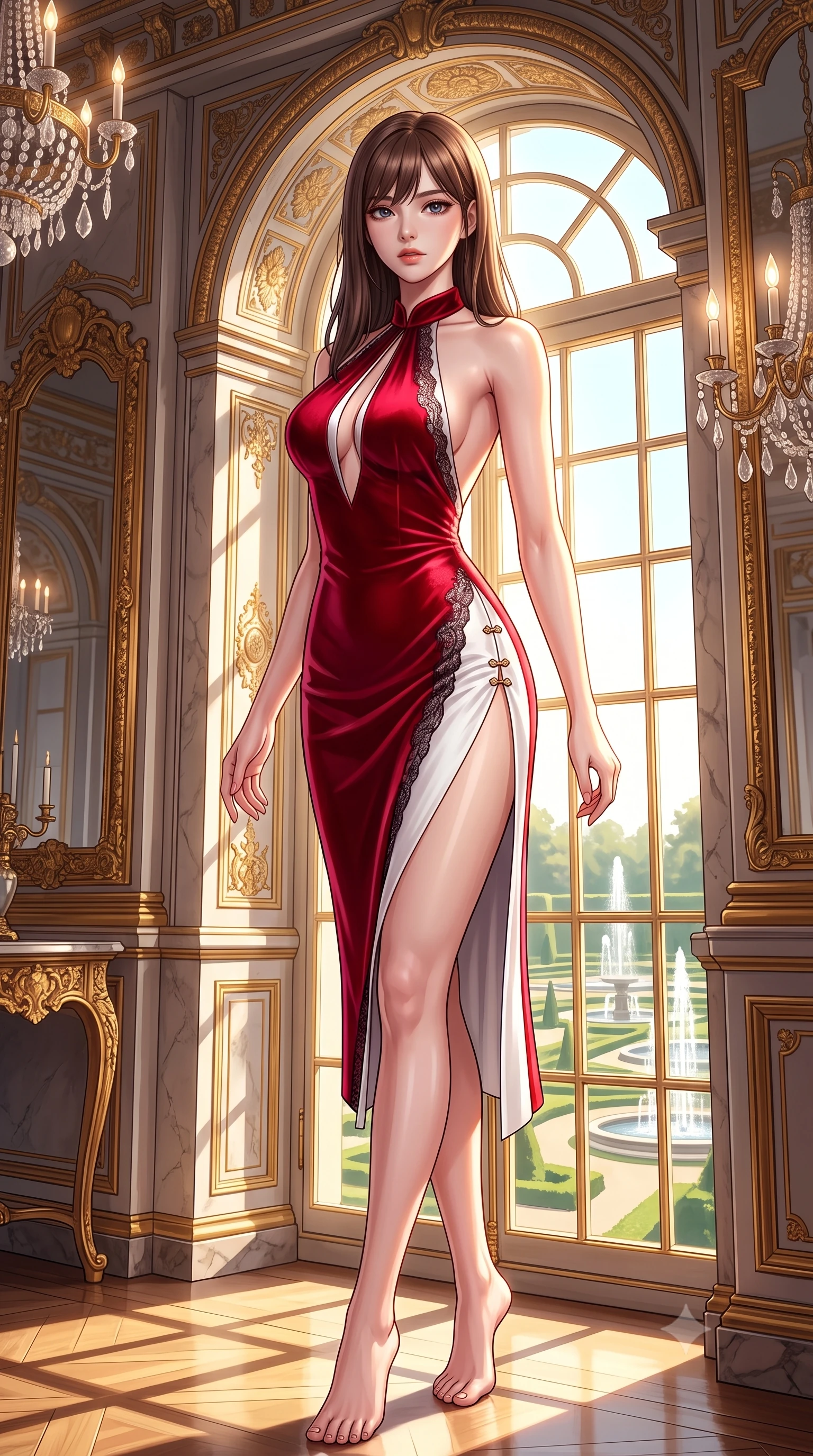 score_9, masterpiece, best quality, ultra-detailed, high-budget anime keyframe, semi-realistic 3D game render, editorial fashion photography, tasteful artistic composition, Korean woman. low angle full-body shot from head to toe showing her feet, filling the entire 9:16 vertical frame with her statuesque presence, stretching her vertical silhouette. pivoting dynamically in mid-motion with a breathtakingly alluring posture, displaying her flawless model proportions and ultra-slim waist while pausing by an arched French window overlooking manicured palace fountains as warm daylight illuminates her bare clavicle and spine. The surrounding environment is rendered in vivid detail and crisp panoramic clarity. high-contrast royal palace architecture and opulent French luxury aesthetic rendered with environmental sharpness. She has an absolutely perfect, statuesque 8.5-heads proportion, an exceptionally tall and slender model-like female figure with impossibly long slender legs, a toned flat midriff, and an ultra-slim waist. sharp v-shaped jawline, high-bridge nose, intricate jewel-like eyes with depth, thick eyelashes, glossy lips with a natural sheen, flawlessly proportioned anatomical accuracy, strict slender model proportions, natural body alignment, perfectly sculpted long slender limbs, ultra-slim waistline, clean dynamic posture without body distortion. wearing a velvet halter-neck midi dress fitting her statuesque contour flawlessly with a Tasteful chest slit and open spine in radiant crimson silk and crisp snow white, crafted from delicate dark lace interwoven with luminescent micro-fibers, finished with an ultra-high side slit secured by miniature magnetic clasps, the form-contouring material adhering flawlessly to her sculpted flat midriff and slender torso, emphasizing her long leg lines and perfectly proportioned willowy build. bathed in dazzling golden morning sunlight reflecting off crystal and gilded mirrors. highly saturated vibrant anime colors, detailed shading with soft gradients, rich glossy textures, high-contrast stereoscopic depth, volumetric dynamic lighting, master piece, 9:16 ratio
