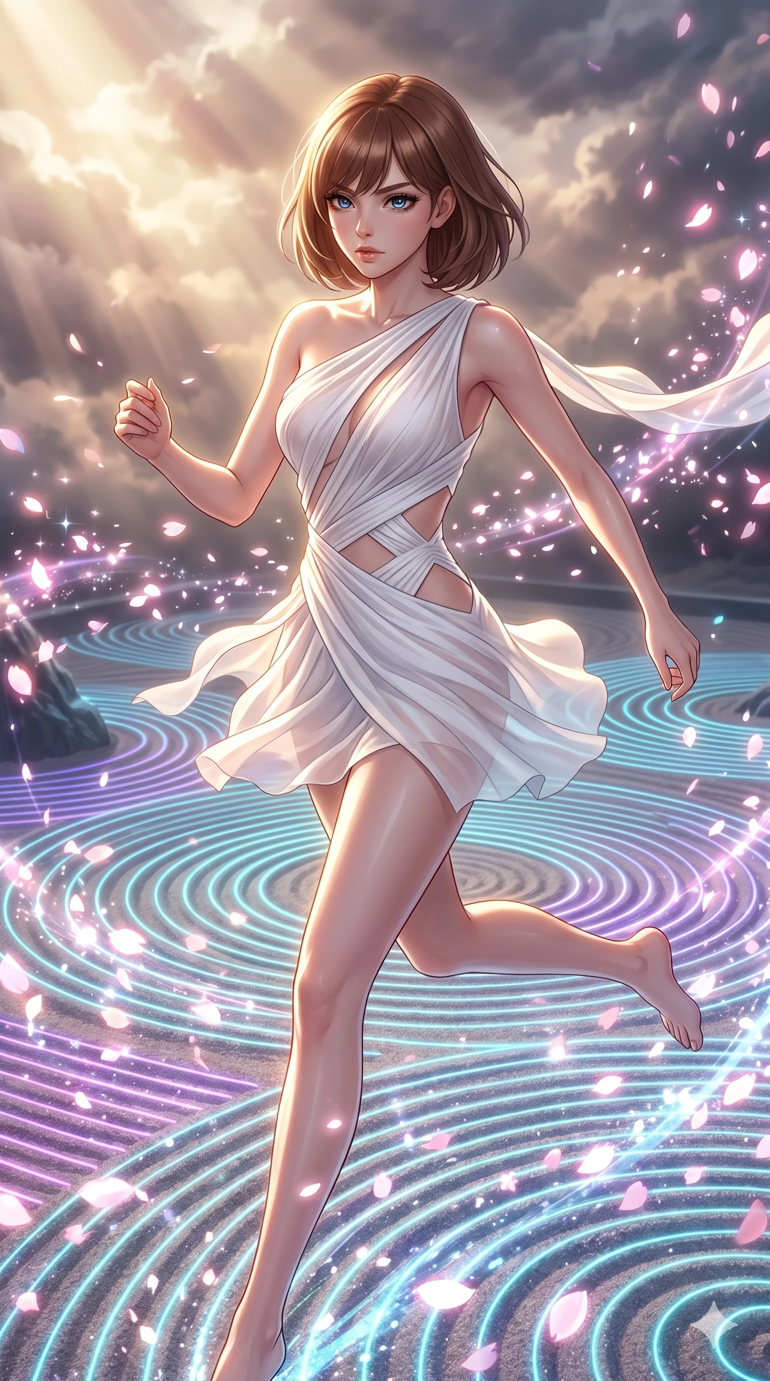 score_9, masterpiece, best quality, ultra-detailed, high-budget anime keyframe, editorial fashion photography, tasteful artistic composition, Caucasian woman, strictly human ears. upper body close-up from the thighs up, character filling the screen for maximum presence. dashing past in a zen rock garden where the sand patterns are drawn by moving laser lines as digital sakura petals blizzard and sparkle around her. She has an absolutely perfect 8-heads proportion, an exceptionally tall and slender female figure with impossibly long slender legs and an ultra-slim waist. V-shaped jawline, high-bridge nose, intricate jewel-like eyes with depth, thick eyelashes, glossy lips with a natural sheen.. wearing an asymmetric chiffon draped couture mini dress, featuring draped white chiffon fabric twisting around her body with elegant diamond cutouts on the waist. bathed in dramatic god rays filtering through clouds with high specular highlights along her silhouette. 2k, ultra detail, master piece, 9:16 ratio