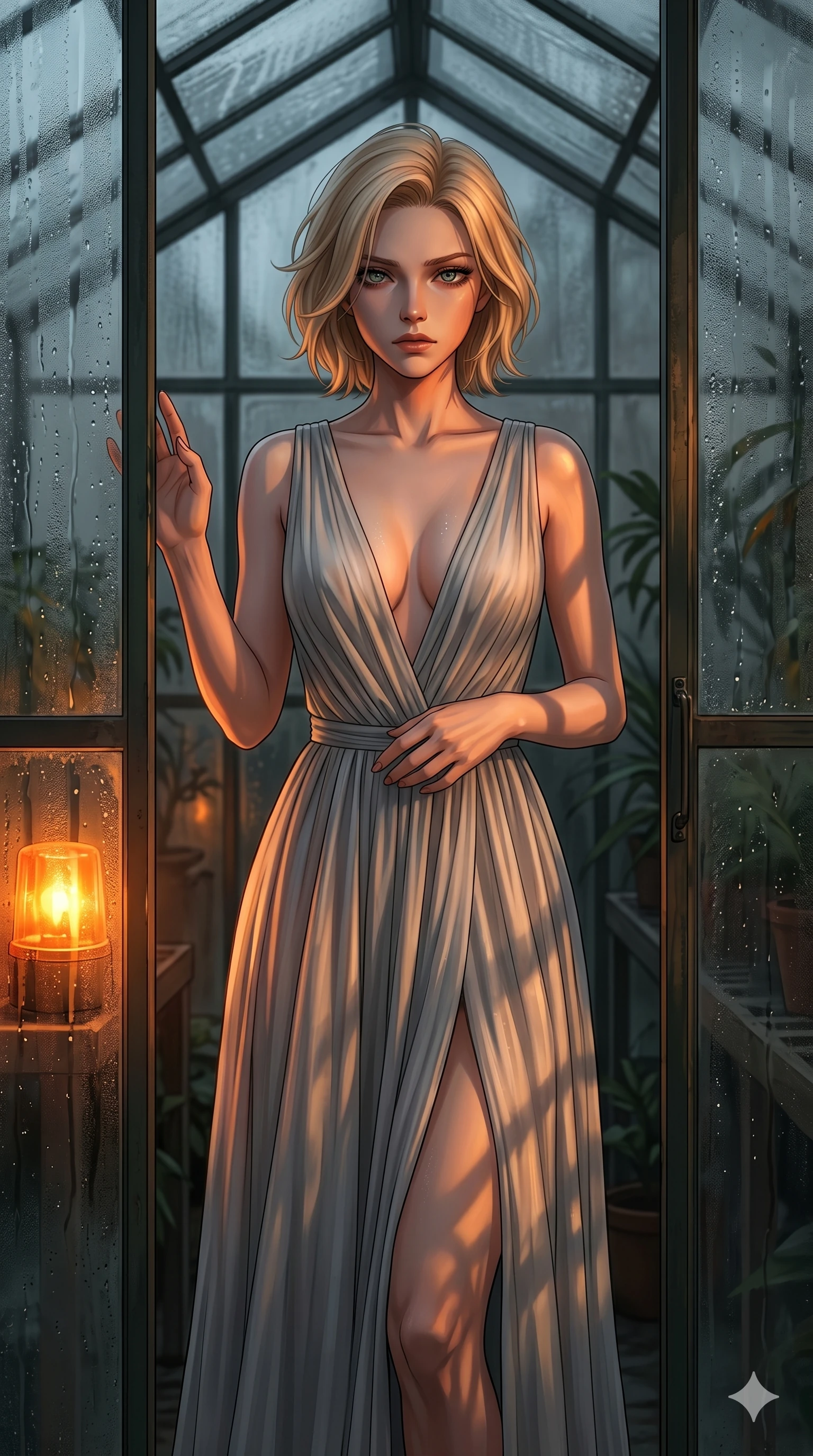 score_9, masterpiece, best quality, ultra-detailed, high-budget anime keyframe, editorial fashion photography, tasteful artistic composition, Caucasian woman, strictly human ears. cowboy shot from the thighs up, character and outfit filling the frame for maximum editorial presence. staring directly into the lens with a hollow, heartbroken look, her face pale and devoid of hope inside a glass-walled greenhouse with condensation trickling down the panes (Scenario Code S-12). She has an absolutely perfect 8-heads proportion, an exceptionally tall and slender female figure with impossibly long slender legs and an ultra-slim waist. V-shaped jawline, high-bridge nose, intricate jewel-like eyes with depth, thick eyelashes, glossy lips with a natural sheen. wearing a lightweight draped chiffon gown with a plunging V-neckline and a high front slit. lit by a flickering orange emergency beacon, casting dramatic, dancing shadows on her body. 2k, ultra detail, master piece, 9:16 ratio