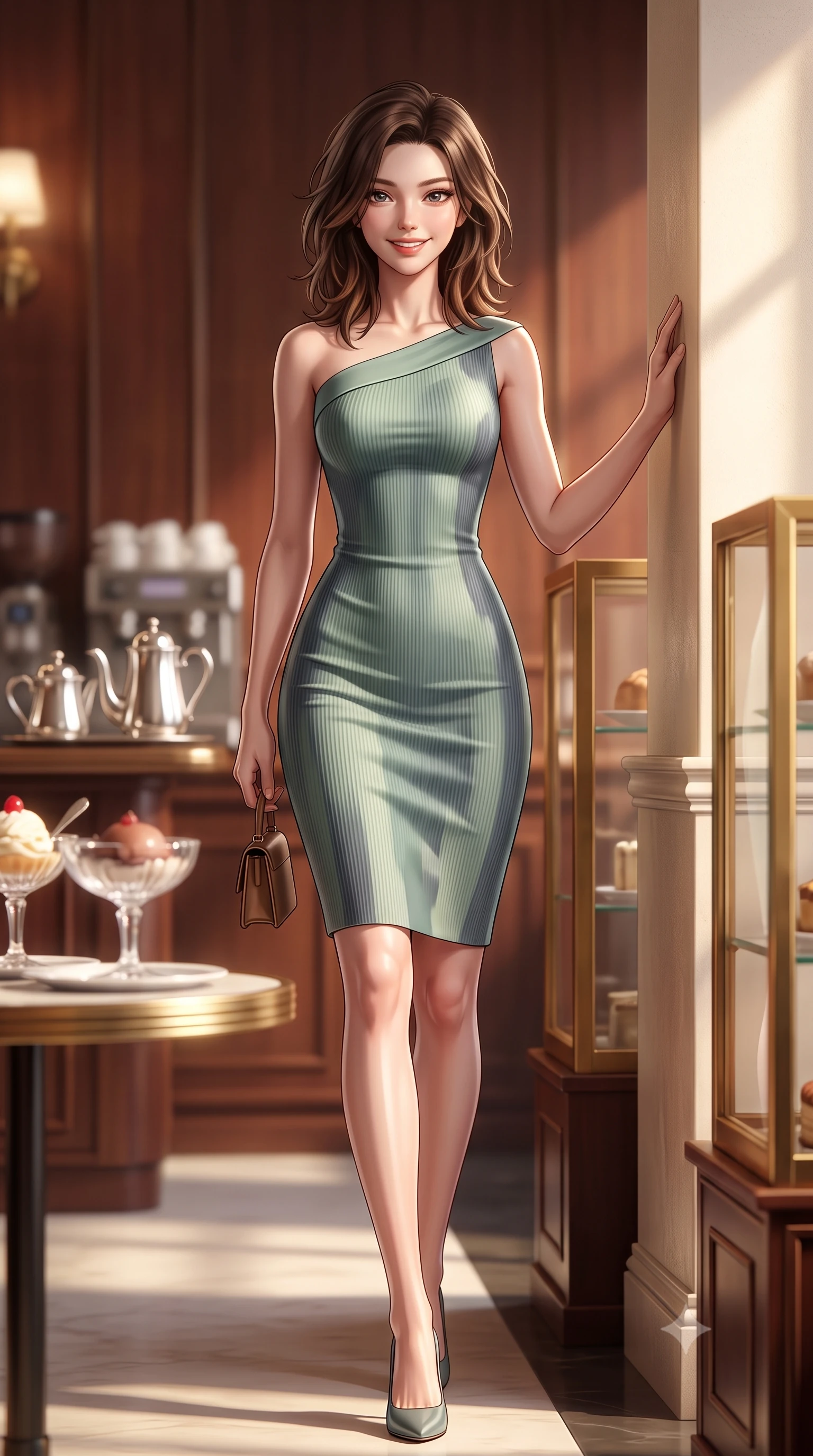score_9, masterpiece, best quality, ultra-detailed, high-budget anime keyframe, semi-realistic 3D game render, editorial fashion photography, tasteful artistic composition, Korean woman. low angle full-body shot from head to toe showing her feet, filling the entire 9:16 vertical frame with her statuesque presence, stretching her vertical silhouette. leaning lightly against the sunlit architectural column with hips cocked back, flashing a warm, alluring, confident smile while walking through the 1920s-inspired Ginza salon past brass-framed vitrines, turning with magnetic cosmopolitan charm. The background shows a soft-focus vintage crystal dessert coupes and silver coffee services softened in nostalgic Tokyo cafe romance shallow focus. She has an exceptionally tall and slender model-like 8.5-heads proportion, an ultra-slim waist, a flat toned midriff, narrow delicate ribcage, and beautifully sculpted feminine hips creating a graceful, slim hourglass silhouette without any bulky heaviness, with impossibly long slender legs. sharp v-shaped jawline, high-bridge nose, intricate jewel-like sparkling eyes with depth, thick eyelashes, glossy parted lips with a natural peach sheen, bright cheerful beaming smile with an enchanting and coquettish sensual glint, exuding both youthful cute charm and seductive allure, flawlessly proportioned anatomical accuracy, strict slender model proportions, natural body alignment, perfectly sculpted long slender limbs, ultra-slim waistline, clean dynamic posture without body distortion. wearing an elegant fitted liquid crepe cocktail sheath dress with an asymmetric neckline tracing her delicate collarbones and narrow waist in misty Arashiyama bamboo green and slate grey, tailored from form-contouring ribbed merino wool hugging her torso like a second skin, finished with a structured leather micro-bag held lightly at her hip, the form-contouring silhouette accentuating her sculpted flat midriff, narrow delicate ribcage, and gracefully curvy hips with intoxicating allure. illuminated by rosewood wall and brass reflection bounce with crisp champagne rim lights defining her cheekbones and slender waist. highly saturated vibrant anime colors, detailed shading with soft gradients, rich glossy textures, high-contrast stereoscopic depth, volumetric dynamic lighting, master piece, 9:16 ratio