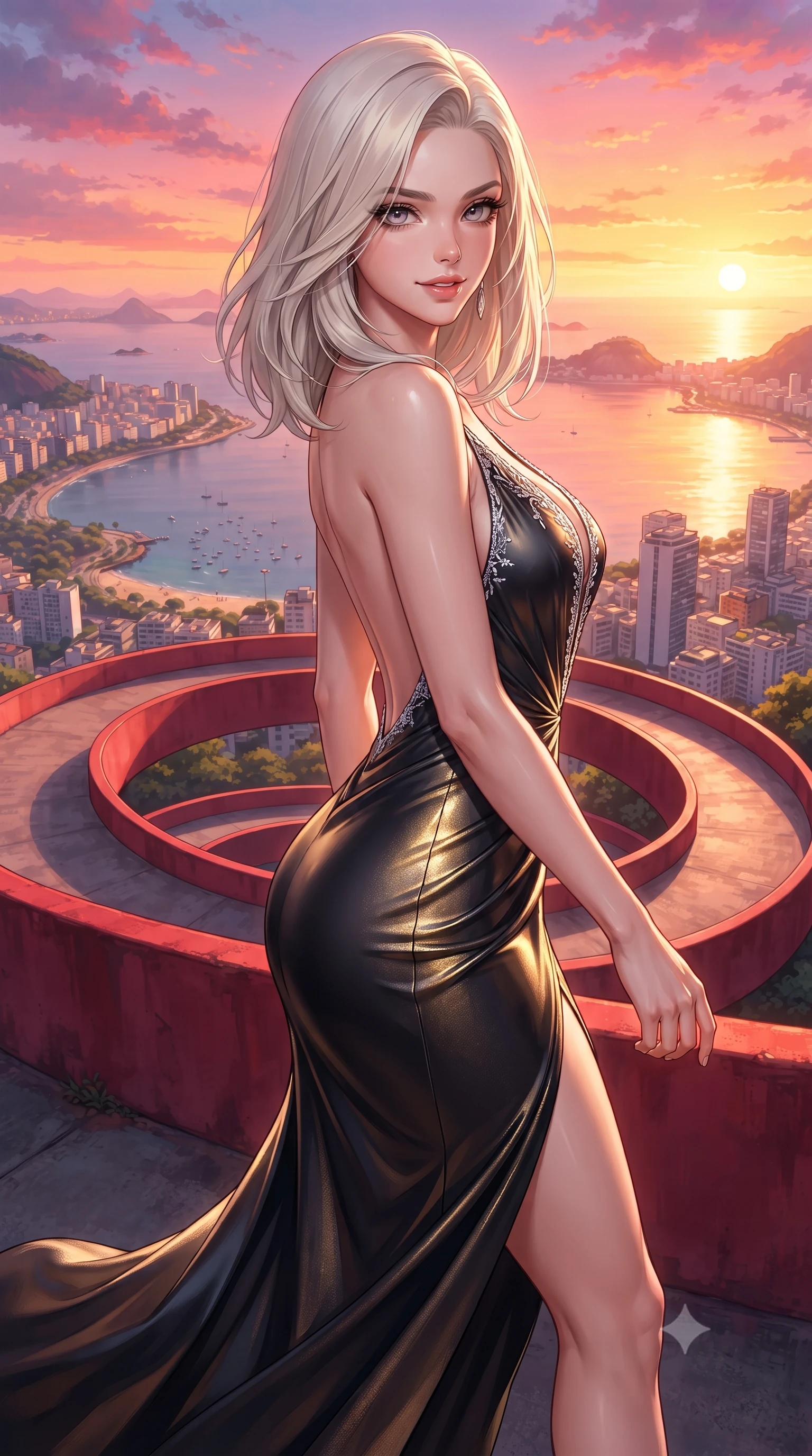 score_9, masterpiece, best quality, ultra-detailed, high-budget anime keyframe, editorial fashion photography, tasteful artistic composition, Caucasian woman. close-up cowboy shot from the waist and thighs up, the character dominates the composition, filling the frame with her large presence. turning over a bare shoulder with an intoxicating, teasing smile, her soft hair framing her sharp jawline as her hips angle gracefully while striding along the iconic sweeping crimson concrete helical ramp hovering above Guanabara Bay, hips swaying in an alluring kinetic rhythm against the ocean breeze. The surrounding environment is rendered in vivid detail and crisp panoramic clarity. detailed resort couture dress movement, sea breeze-blown hair strands, and Rio coastline clarity in high resolution. She has an exceptionally elegant, slender, and willowy female figure with an ultra-slim waist, flat toned midriff, narrow ribcage, and sculpted feminine hips creating an alluring, slim hourglass silhouette without bulk. sharp v-shaped jawline, high-bridge nose, intricate jewel-like eyes with depth, thick eyelashes, glossy parted lips with a natural sheen, intensely captivating and seductive bedroom-eyes expression, flawlessly proportioned anatomical accuracy, strict slender model proportions, natural body alignment, perfectly sculpted long slender limbs, ultra-slim waistline, clean dynamic posture without body distortion. wearing an open-back duchess satin gala gown with a dramatic hip-hugging drape and cascading trailing hem in midnight obsidian black and liquid gold, crafted from luxurious metallic lamé that shifts radiance with every step, finished with delicate crystal frost embroidery tracing the plunging neckline, the glove-like aerodynamic silhouette tightly following the natural contour of her hips and long slender legs with statuesque 8.5-heads elegance. bathed in vibrant tropical sunset glow in vivid shades of tangerine and magenta. ultra-reflective glossy finish, specular highlights, rich textural contrasts, high-contrast stereoscopic depth, volumetric dynamic lighting, 2k, ultra detail, master piece, 9:16 ratio