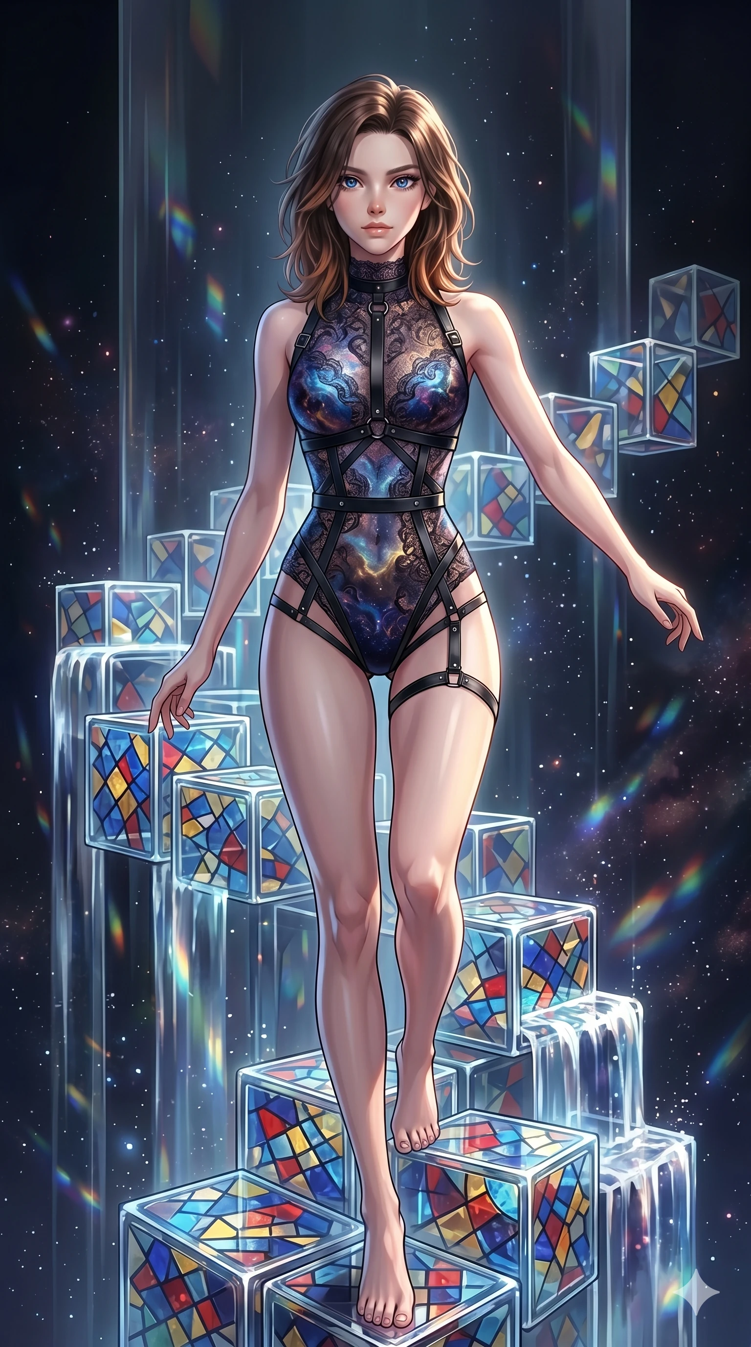 score_9, masterpiece, best quality, ultra-detailed, high-budget anime keyframe, Korean woman. upper body close-up from the thighs up, character filling the screen for maximum presence. balancing on cubist glass blocks that cascade like a waterfall, reflecting complex mosaic patterns and primary colors. She has an absolutely perfect 8-heads proportion, an exceptionally tall and slender female figure with impossibly long slender legs and an ultra-slim waist. V-shaped jawline, high-bridge nose, intricate jewel-like eyes with depth, thick eyelashes, glossy lips with a natural sheen.. wearing a gothic nebula lace bodysuit, featuring a semi-opaque sculptural lace bodysuit with cosmic nebula patterns, reinforced by matte leather straps. lit by a soft glowing ambient light and a sharp side key light that traces the sleek contours of her athletic build. 2k, ultra detail, master piece, 9:16 ratio